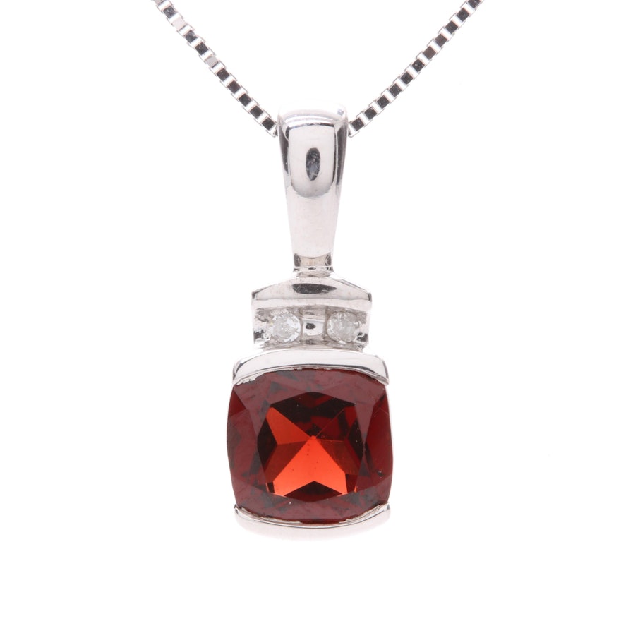 14K White Gold Garnet and Diamond Pendant Necklace