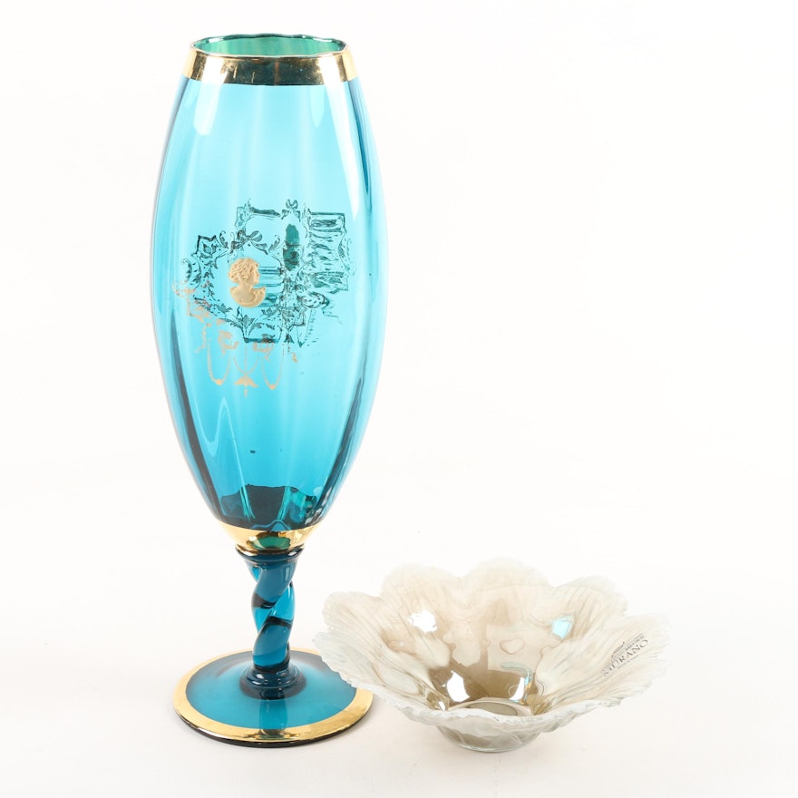 Italian Art Glass Including Murano Bowl and Blue Tint Vase