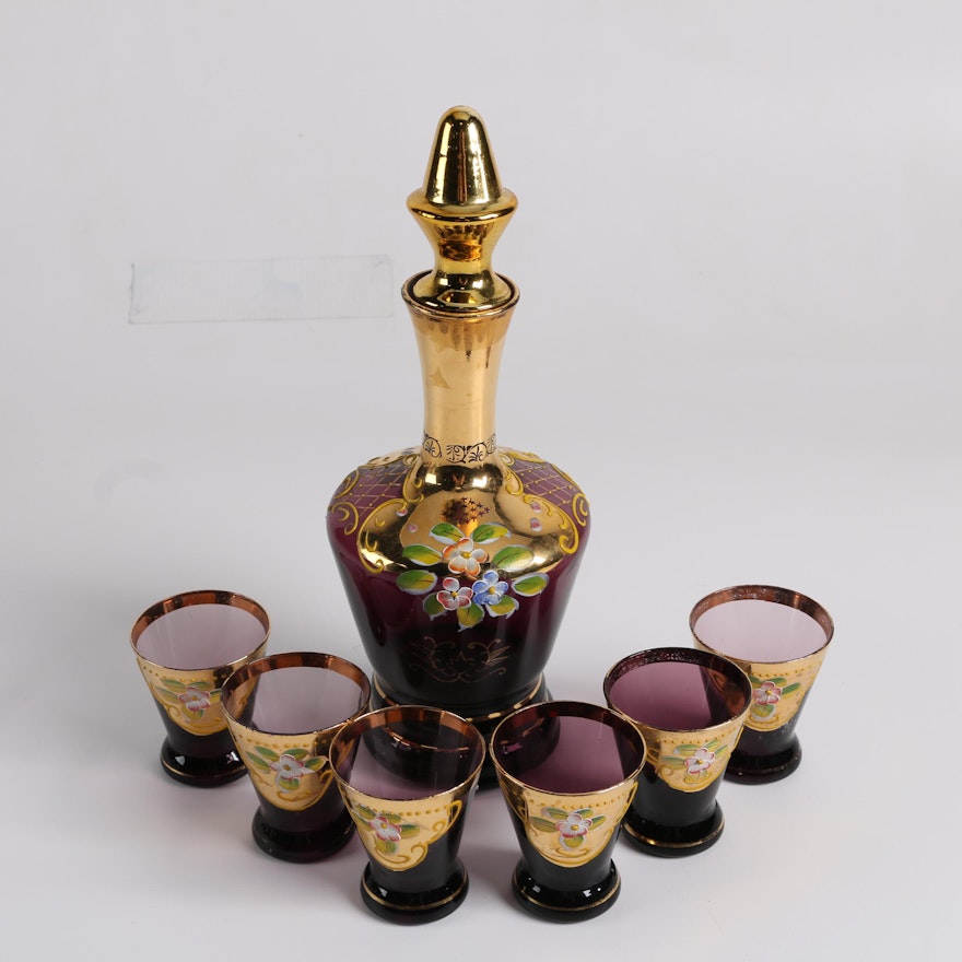 Bohemian Style Hand-Painted Amethyst Glass Decanter Set