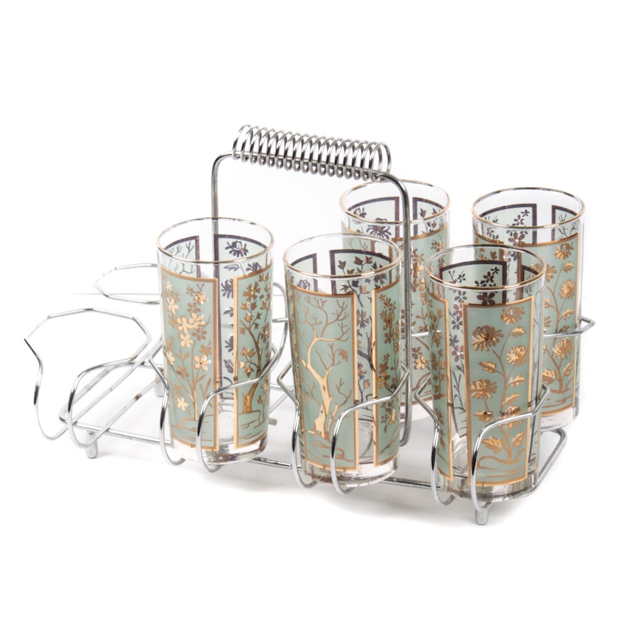 Mid Century Highball Glasses and Drink Caddy