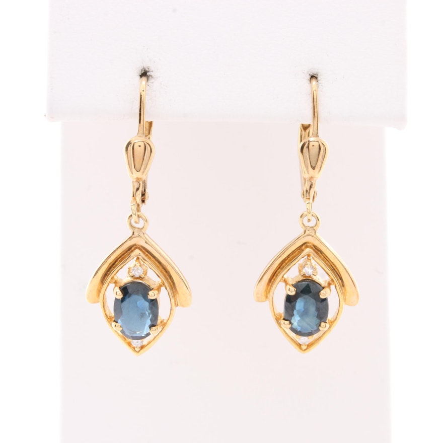 14K Yellow Gold Blue Sapphire and Diamond Dangle Earrings