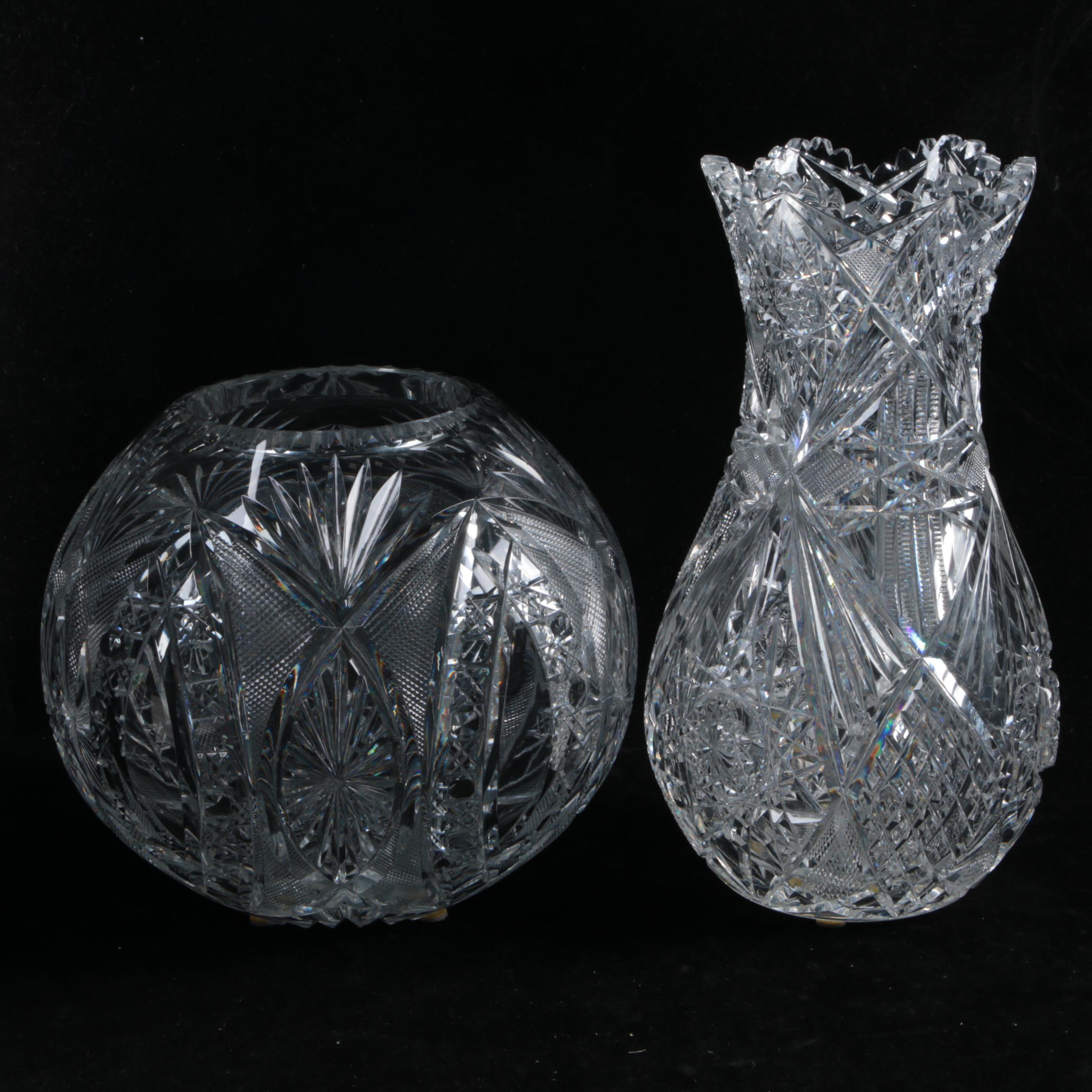 American Brilliant Style Cut Glass Rose Bowl and Vase