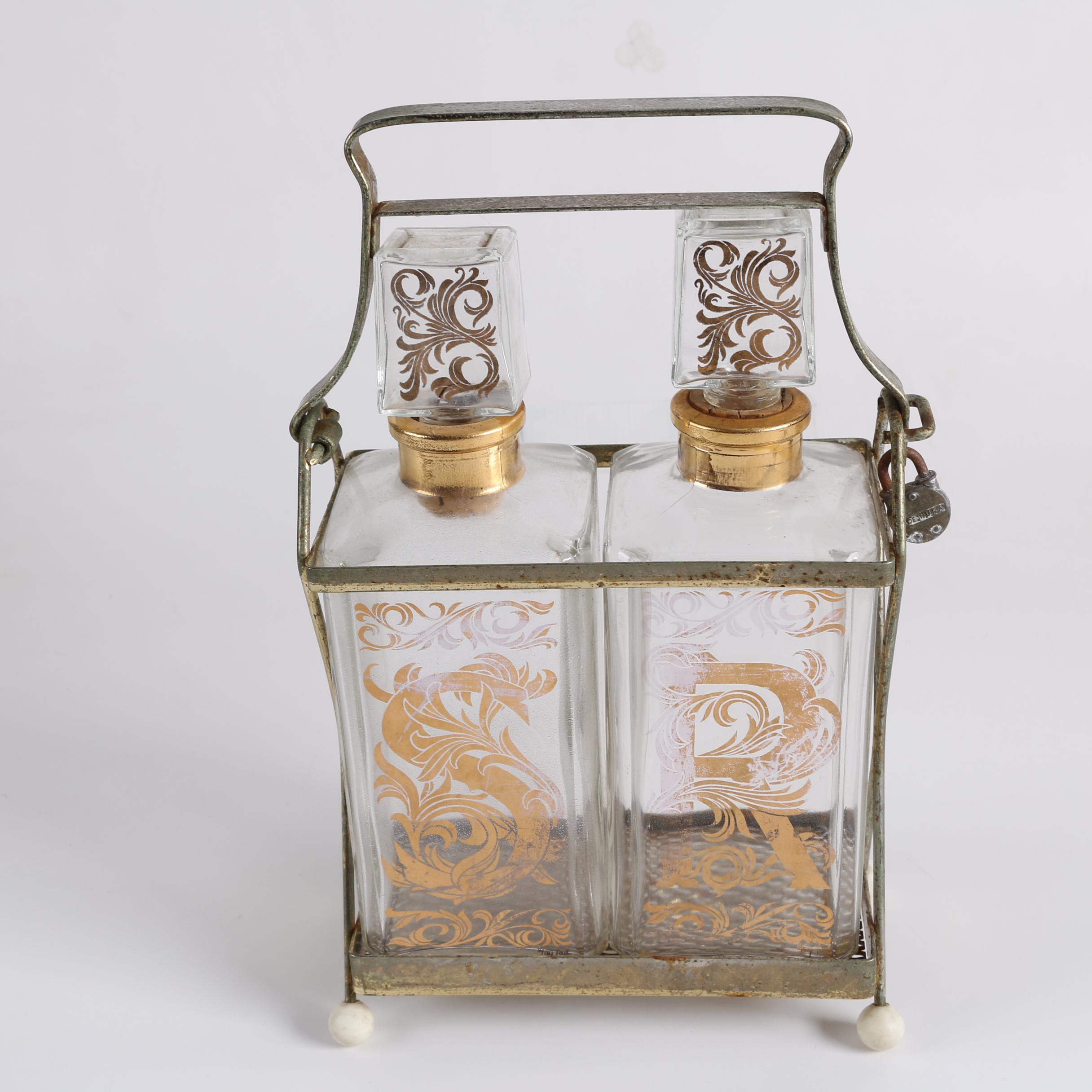 Mid Century Etched Glass Liquor Dispensers with Decanters and Tantalus