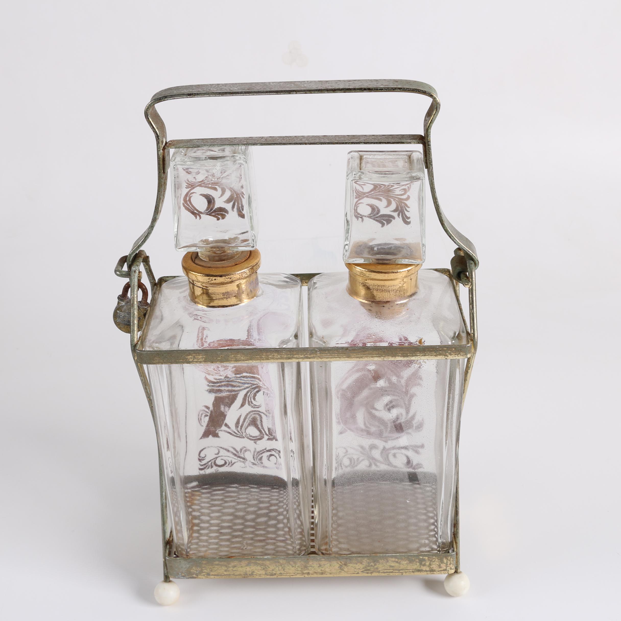 Mid Century Etched Glass Liquor Dispensers with Decanters and Tantalus