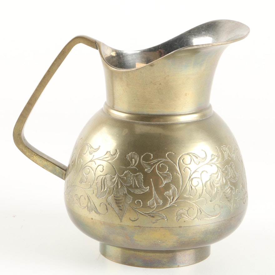 Vintage Etched Brass Pitcher