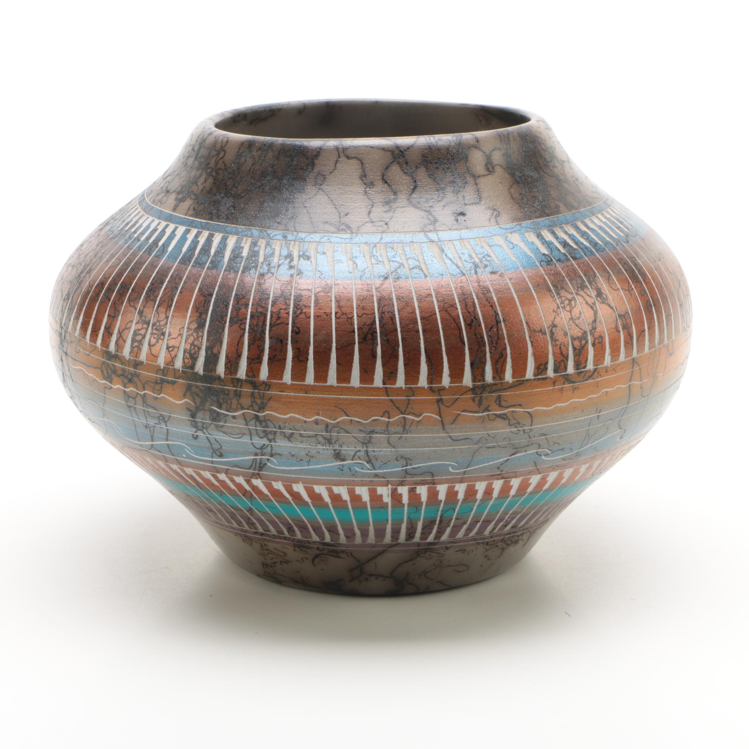 Signed Dina Willie Navajo Etched Horsehair Polychrome Vase