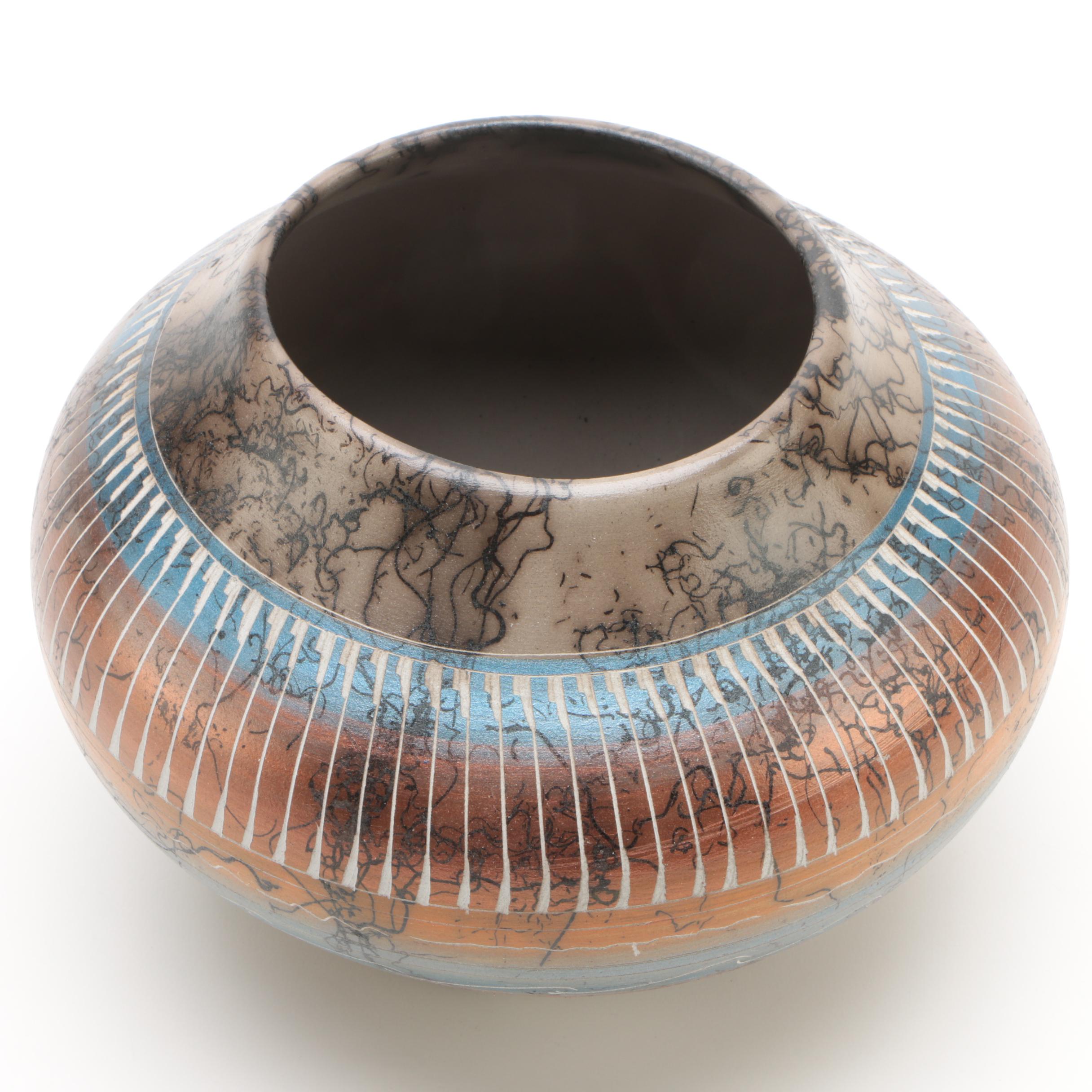 Signed Dina Willie Navajo Etched Horsehair Polychrome Vase