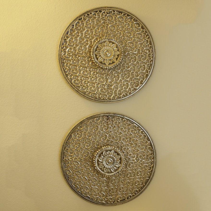 Round Gold Tone Openwork Scroll and Rosette Designed Wall Hangings