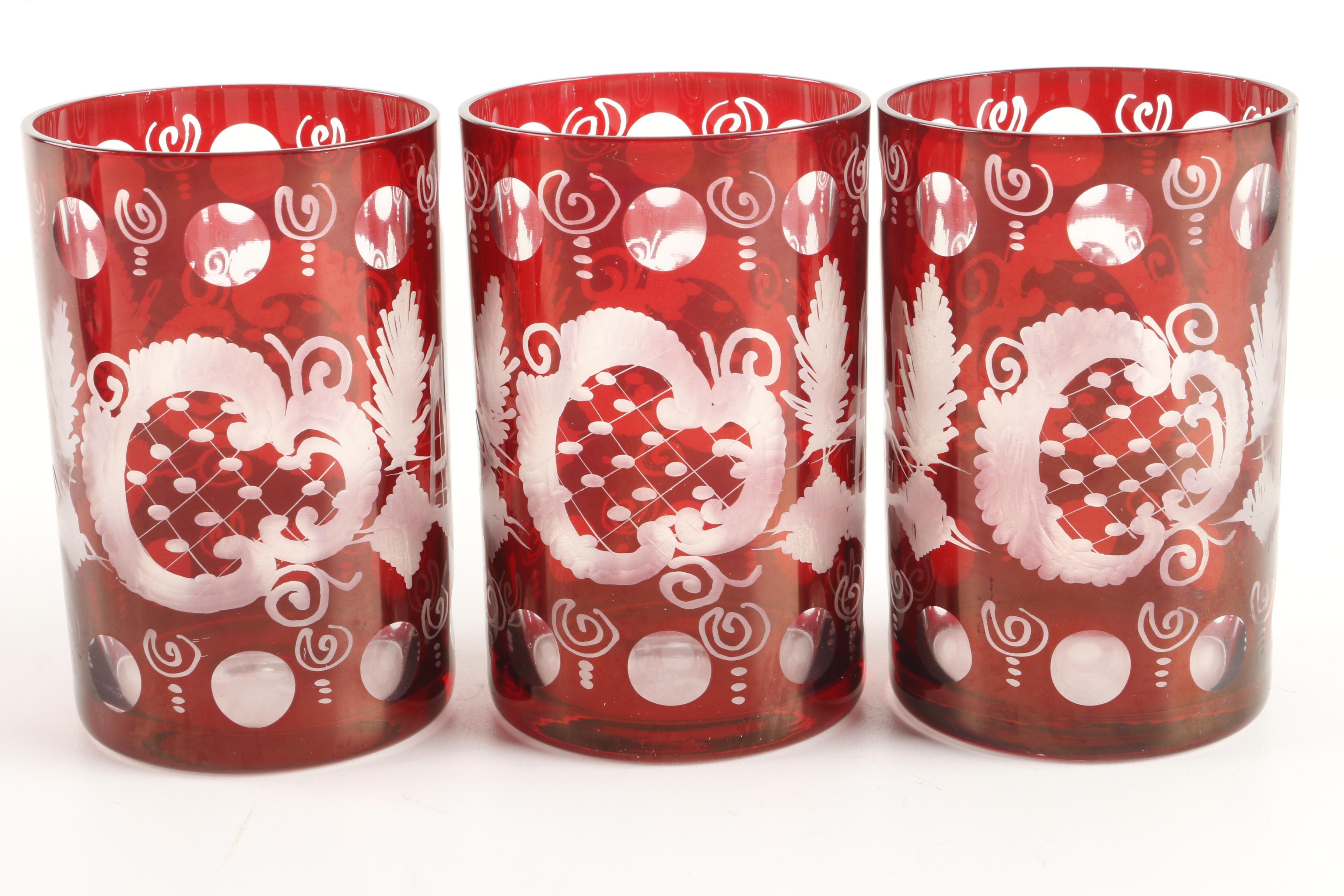 Bohemian Ruby Flashed Etched to Clear Decanter and Tumblers