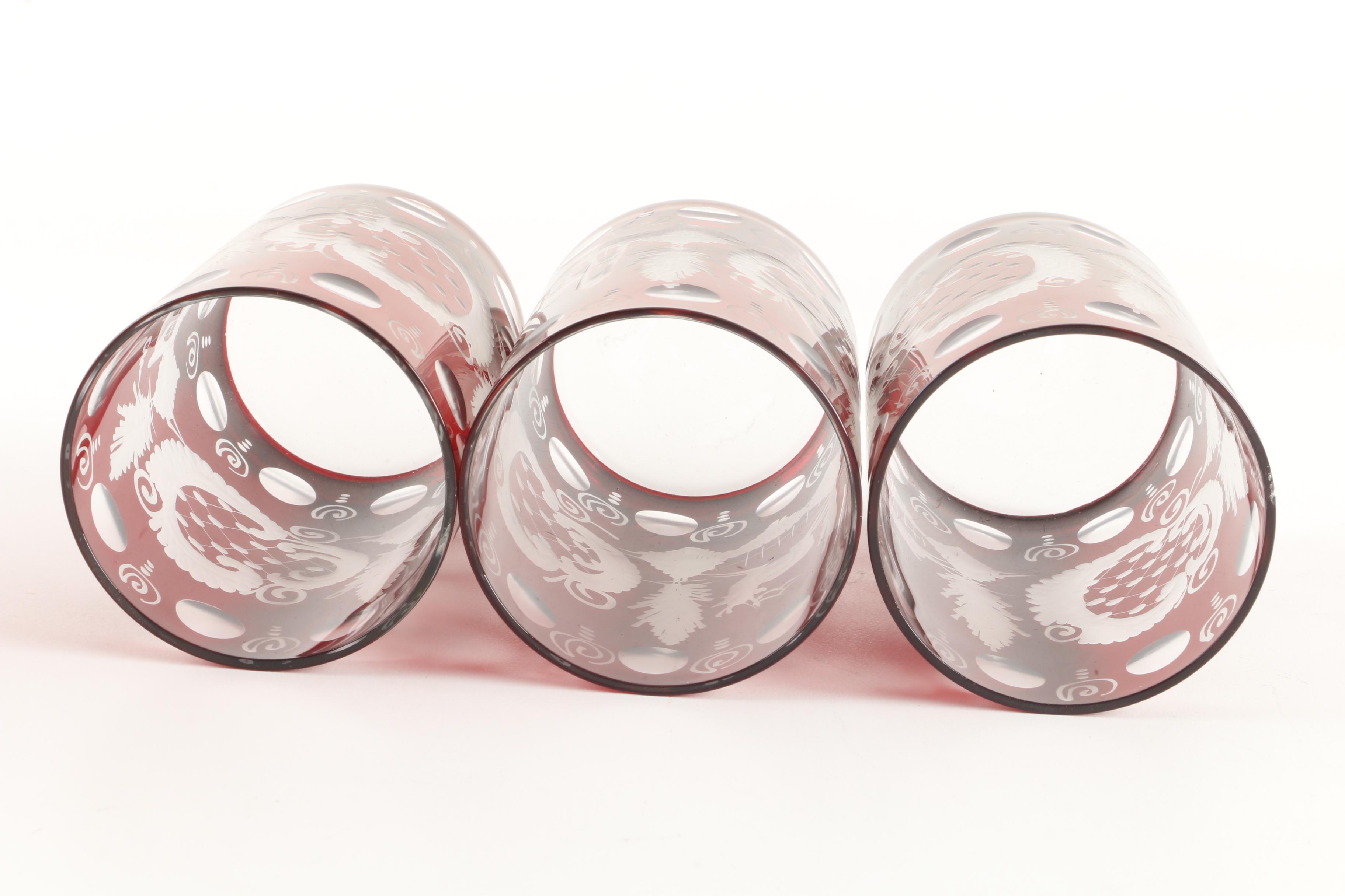 Bohemian Ruby Flashed Etched to Clear Decanter and Tumblers