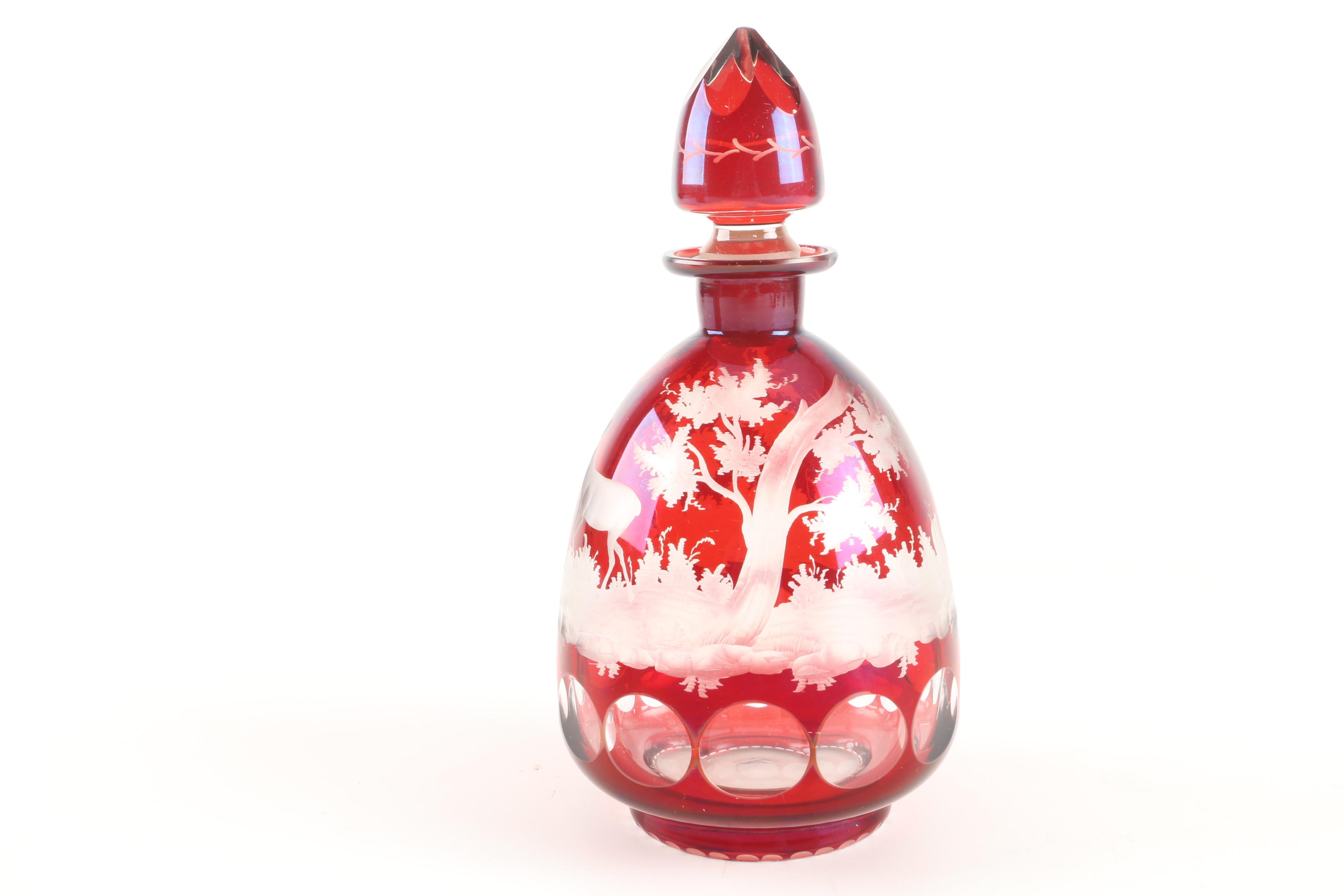 Bohemian Ruby Flashed Etched to Clear Decanter and Tumblers