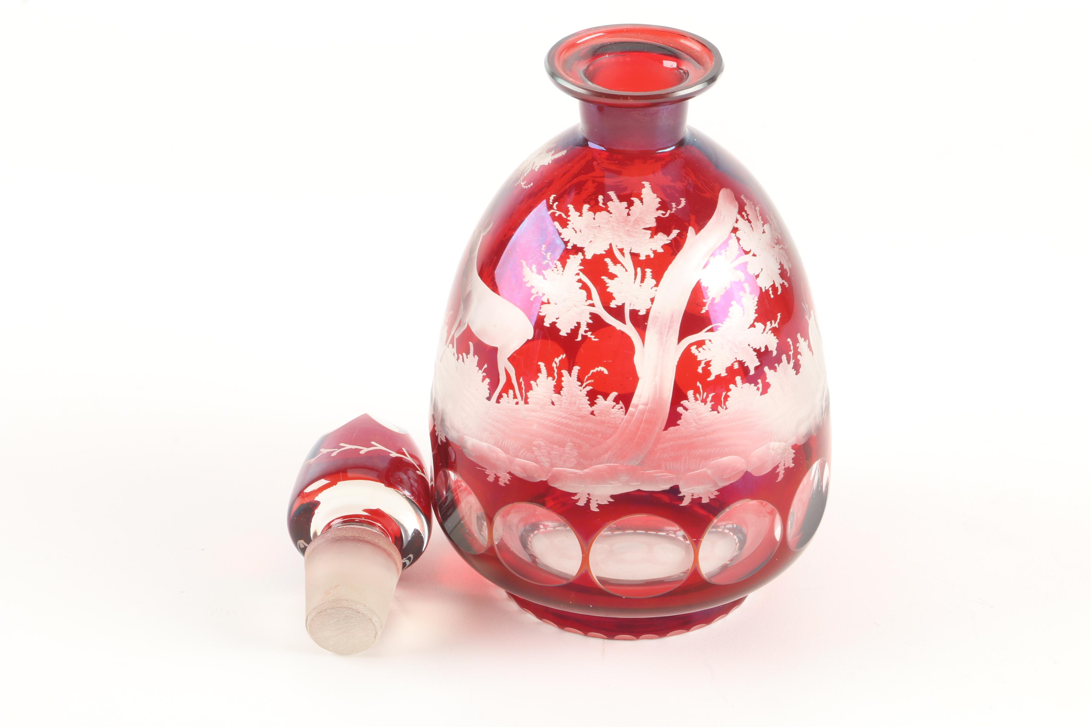 Bohemian Ruby Flashed Etched to Clear Decanter and Tumblers