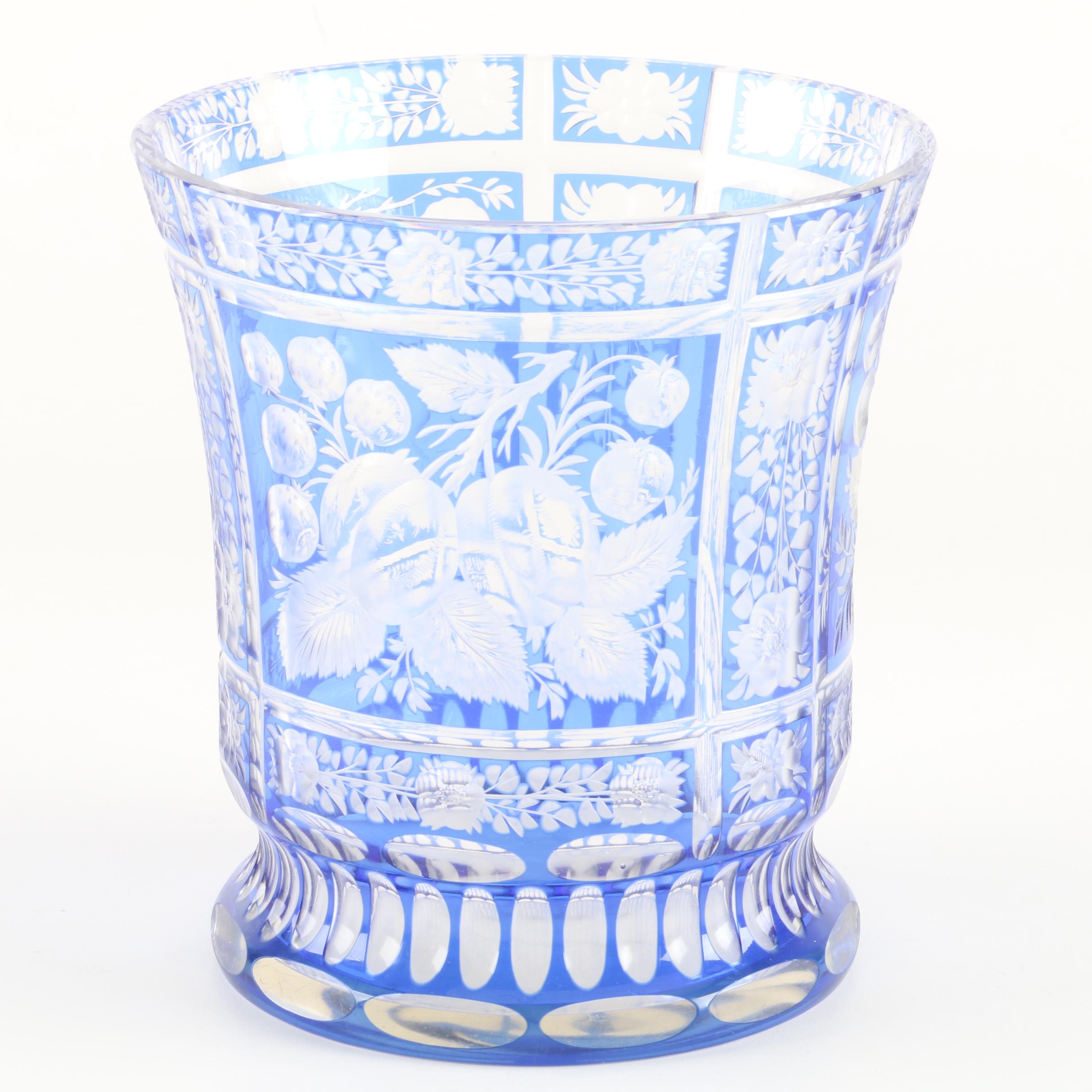 Bohemian Blue Flashed Cut to Clear Crystal Vase