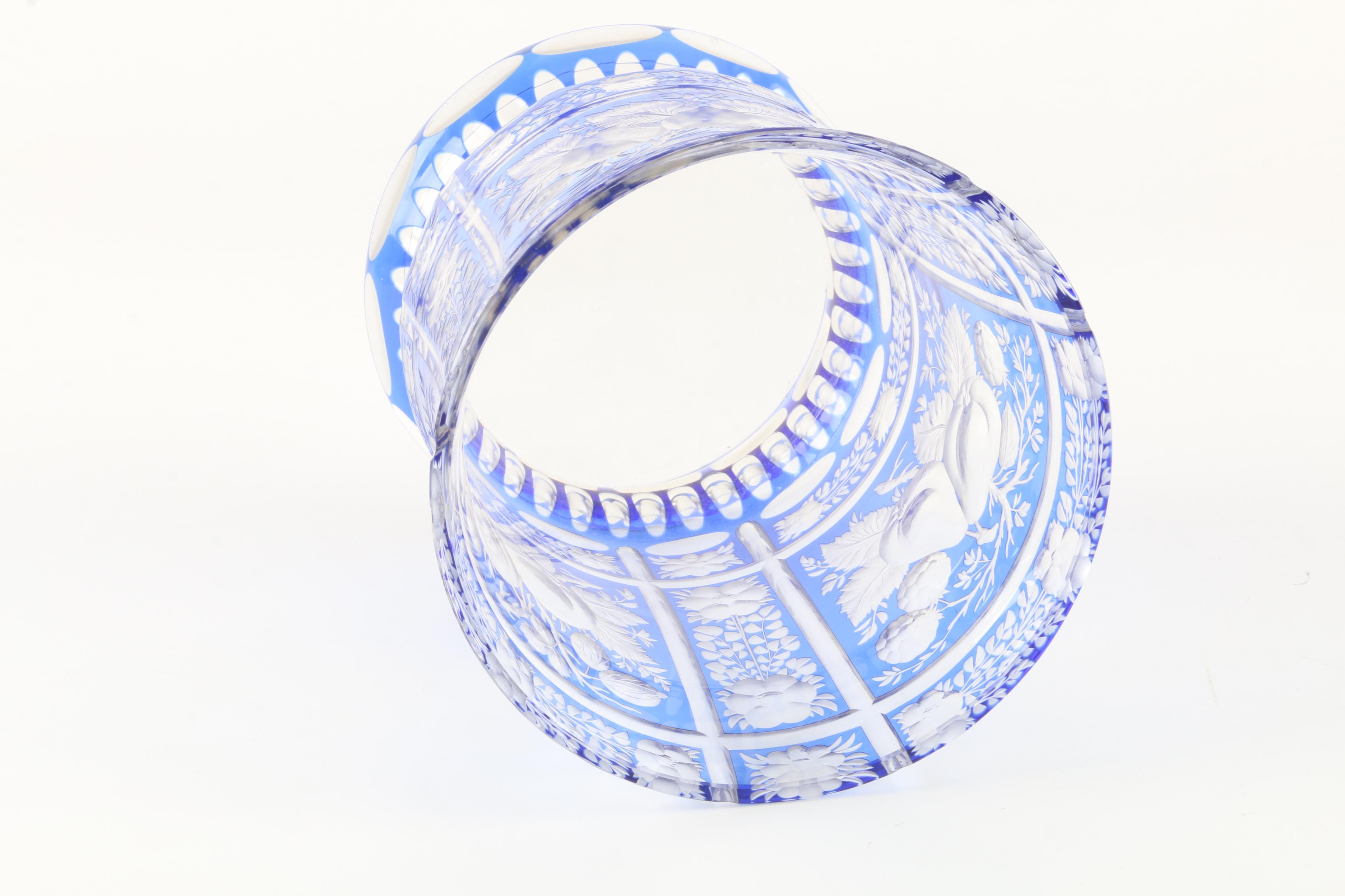 Bohemian Blue Flashed Cut to Clear Crystal Vase