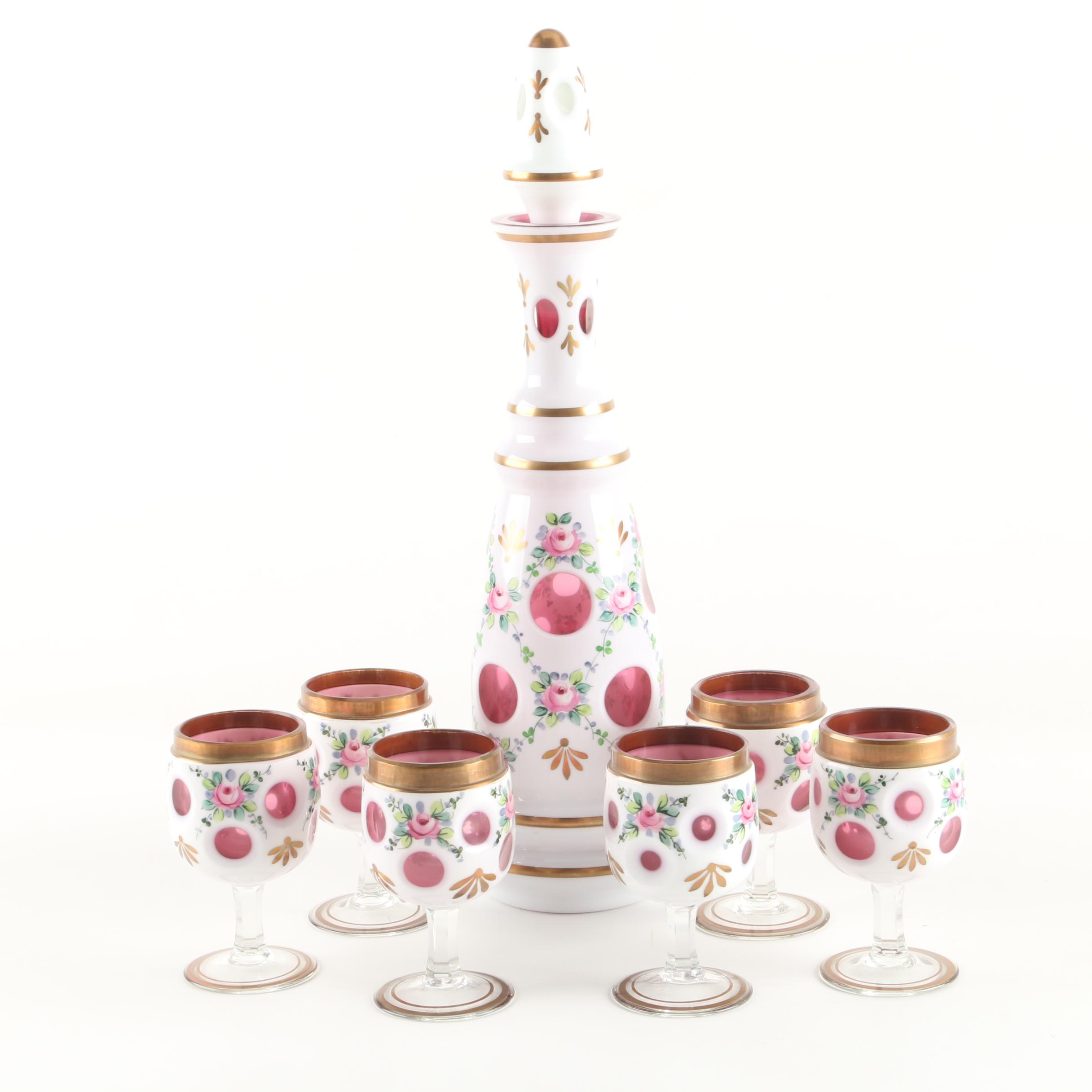 Bohemian Cased Cut to Cranberry Hand-painted Decanter and Cordial Glasses