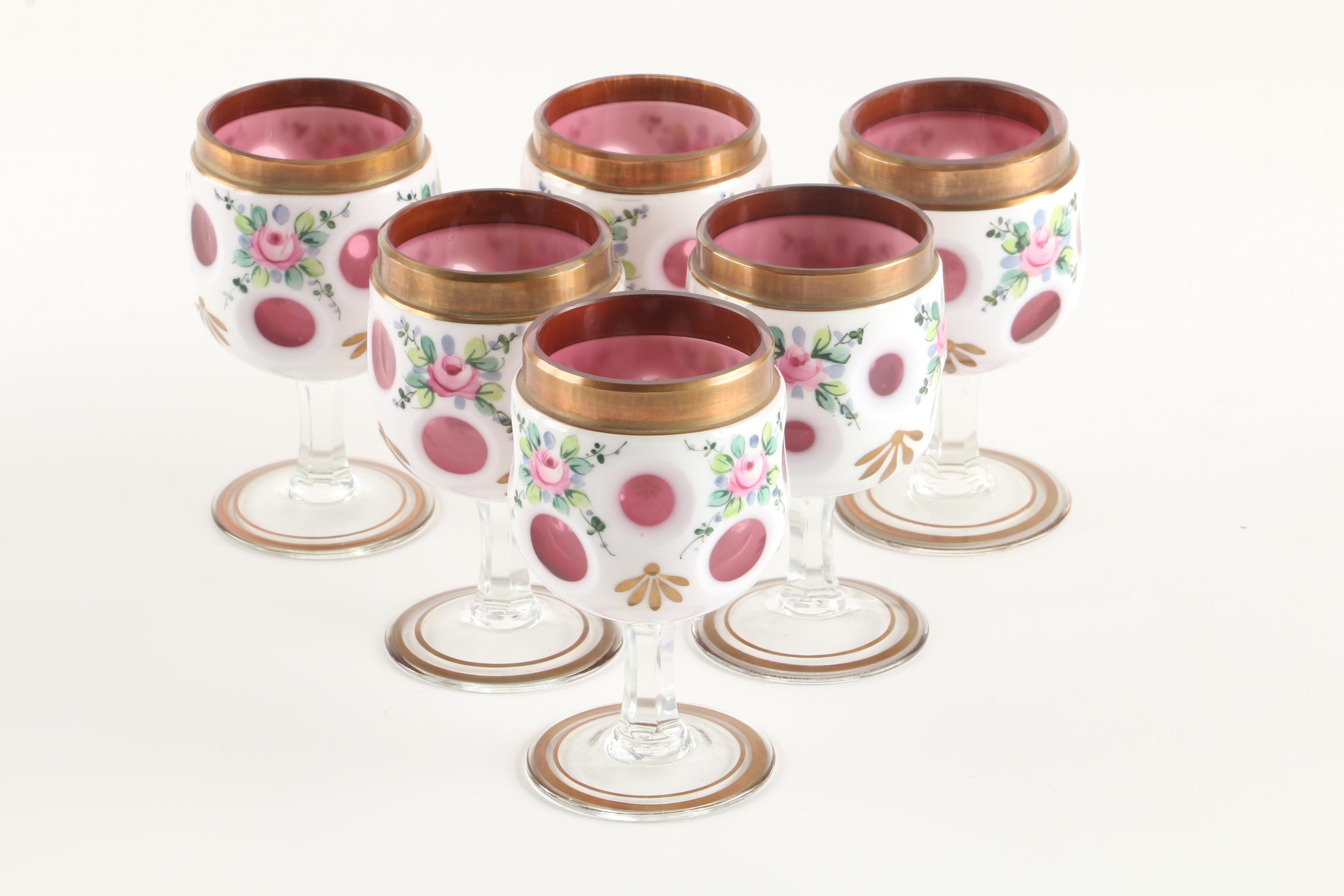 Bohemian Cased Cut to Cranberry Hand-painted Decanter and Cordial Glasses