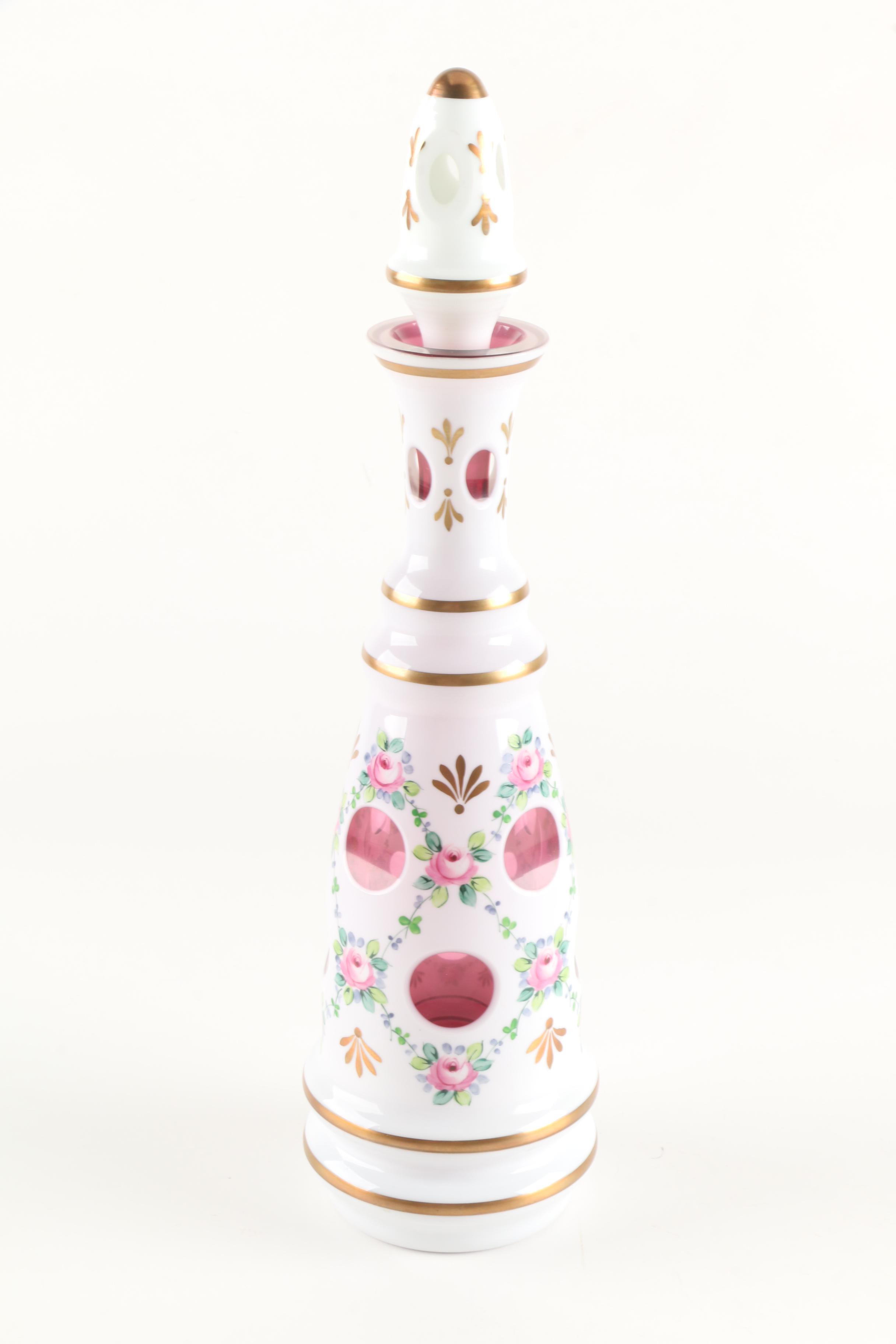 Bohemian Cased Cut to Cranberry Hand-painted Decanter and Cordial Glasses