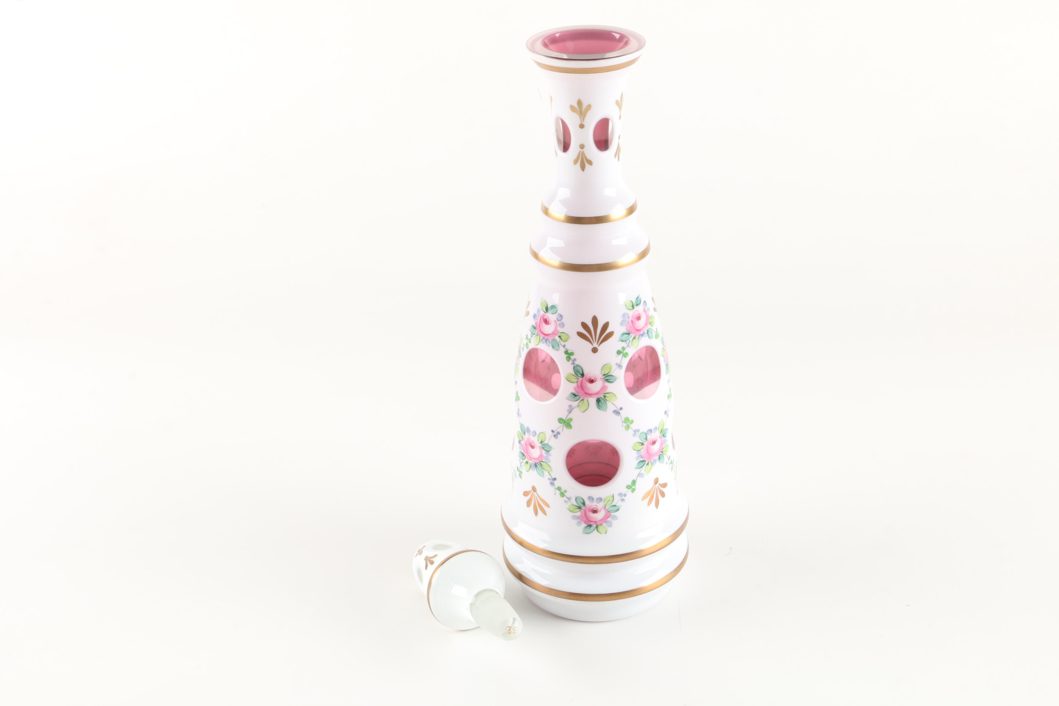 Bohemian Cased Cut to Cranberry Hand-painted Decanter and Cordial Glasses