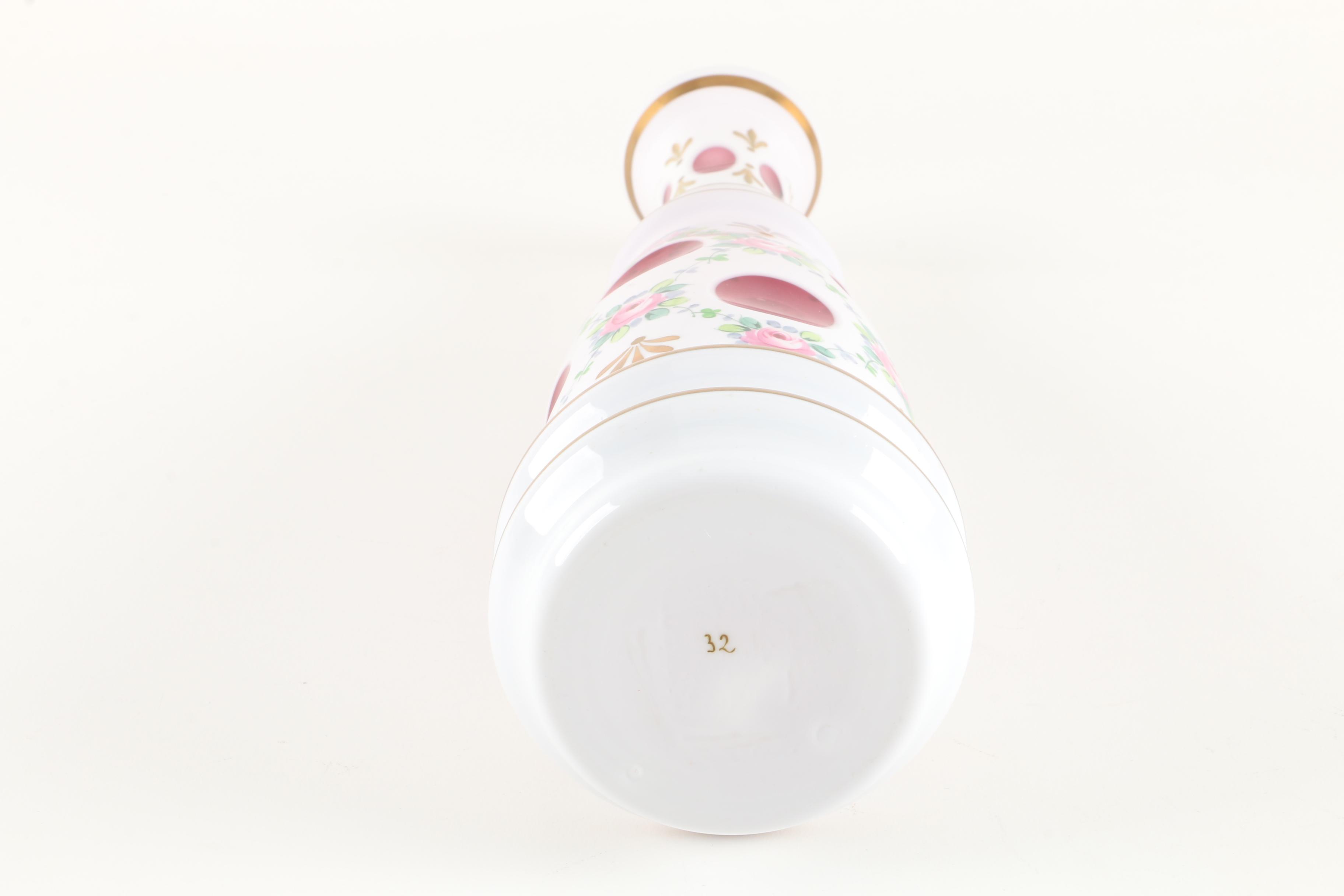 Bohemian Cased Cut to Cranberry Hand-painted Decanter and Cordial Glasses