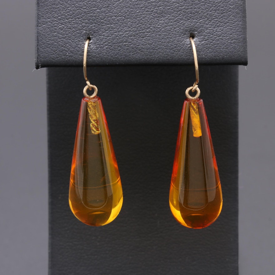 14K Yellow Gold Amber Drop Earrings