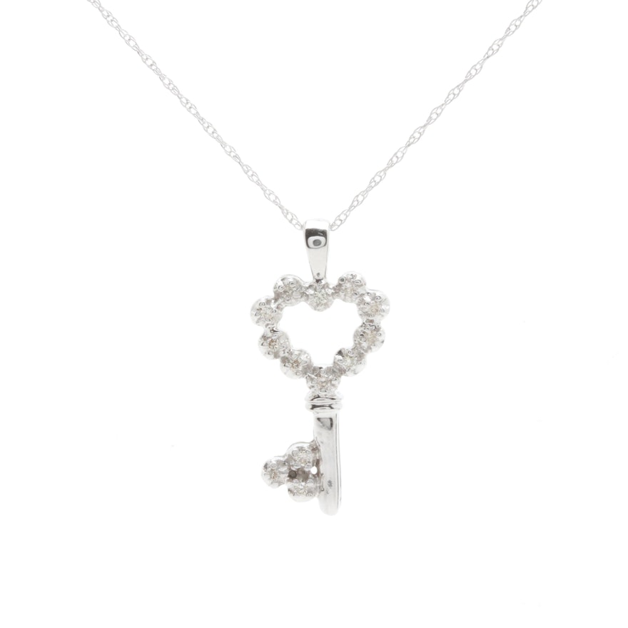 14K White Gold Diamond Key Pendant Necklace