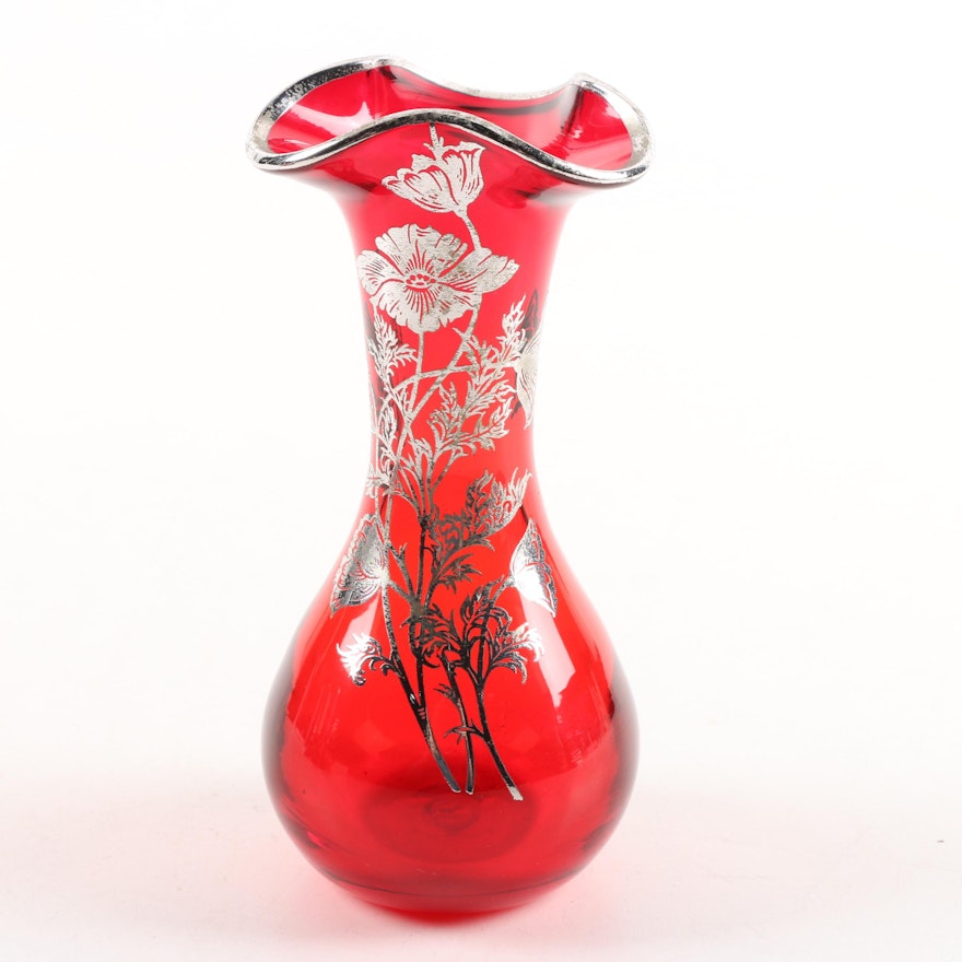 Blown Ruby Glass Vase with Floral Silver Overlay