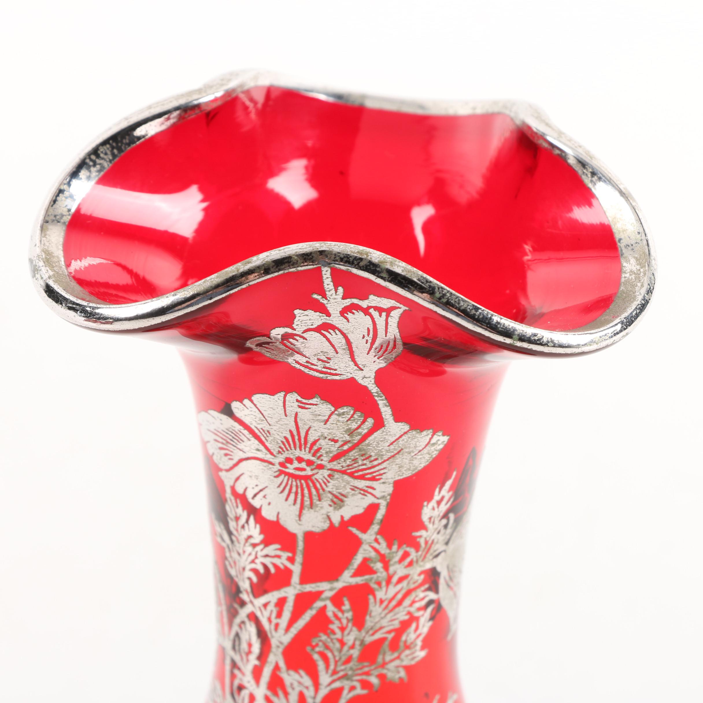 Blown Ruby Glass Vase with Floral Silver Overlay