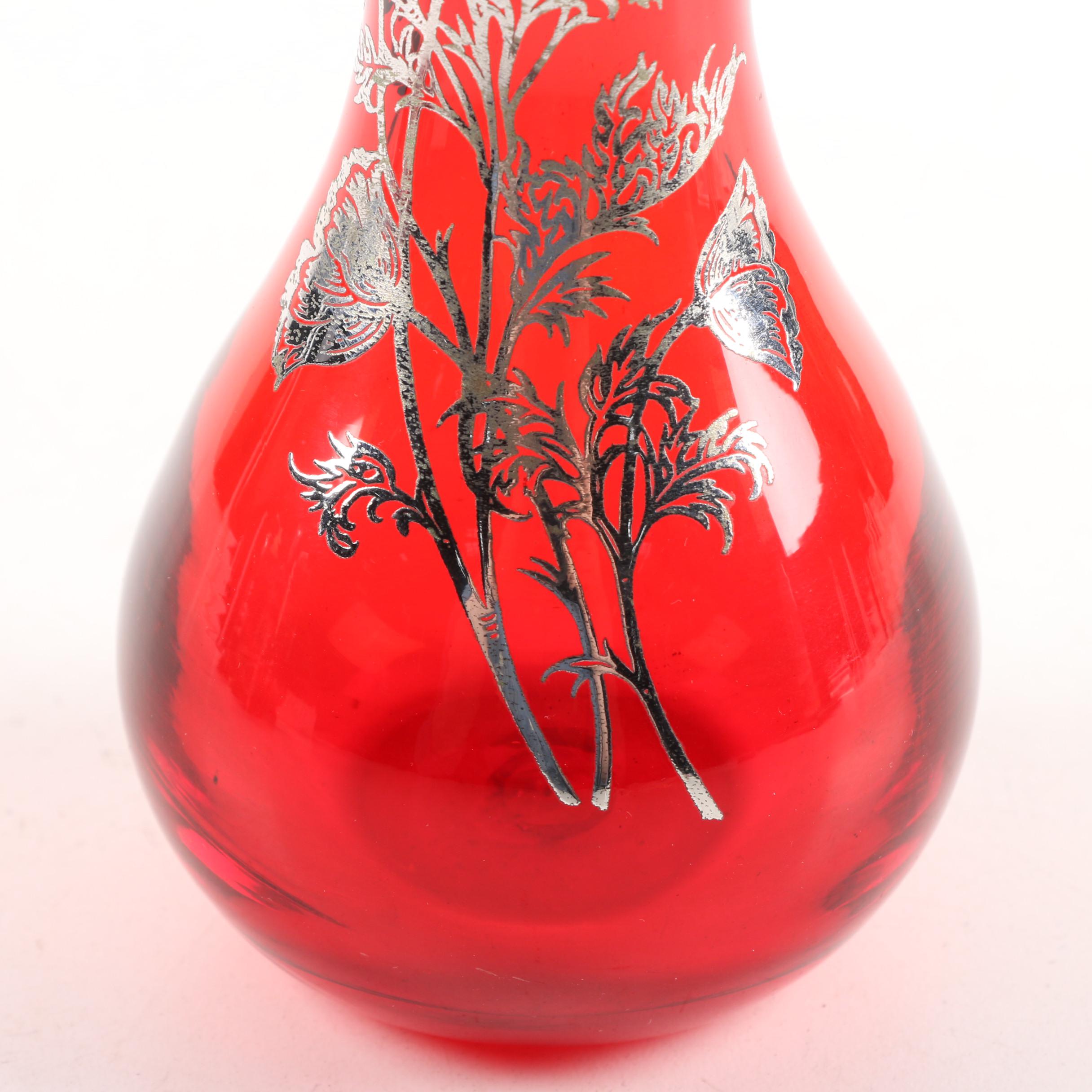 Blown Ruby Glass Vase with Floral Silver Overlay