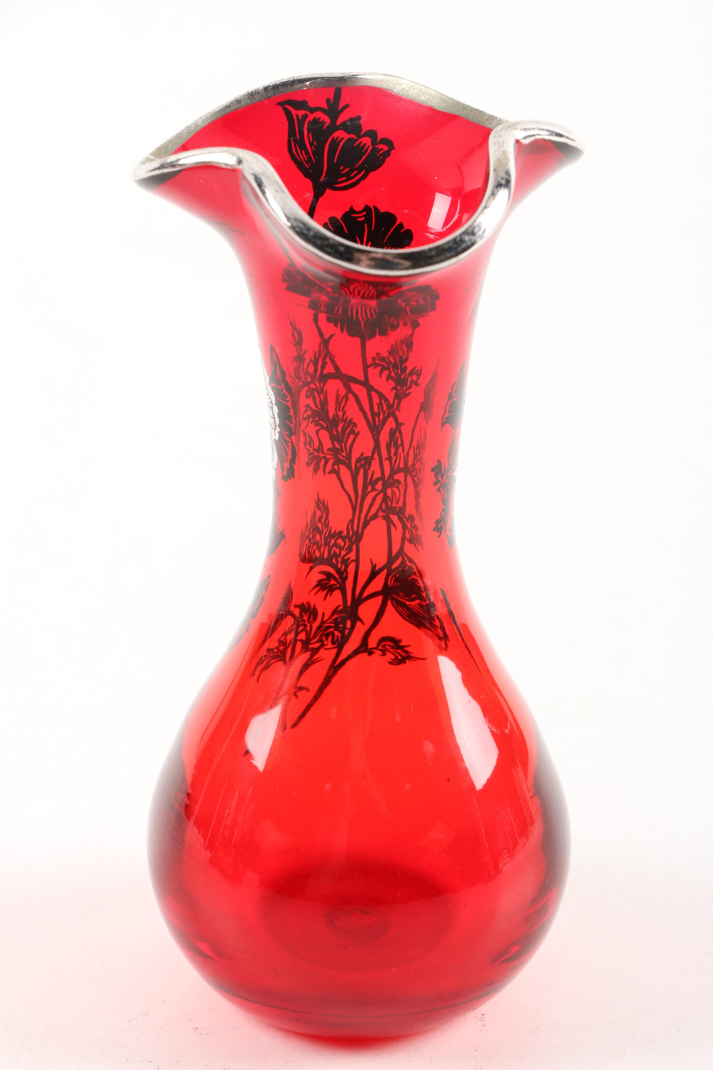 Blown Ruby Glass Vase with Floral Silver Overlay