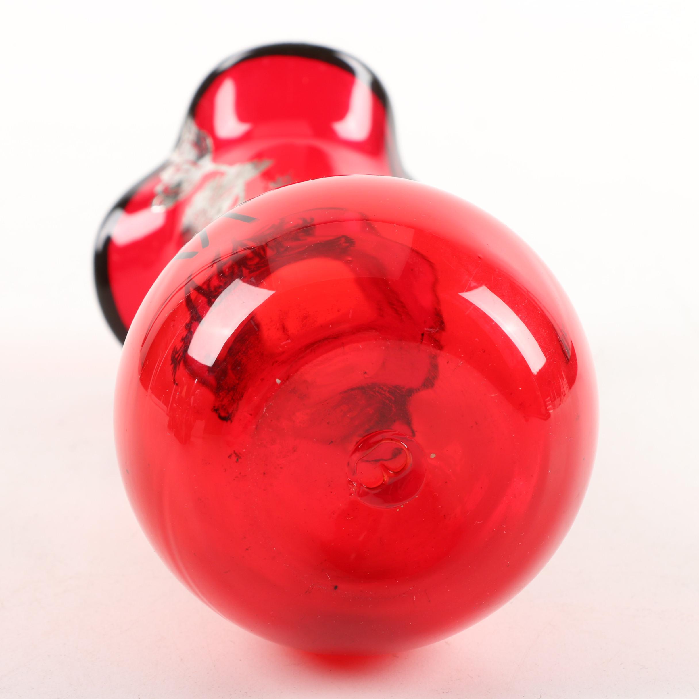 Blown Ruby Glass Vase with Floral Silver Overlay