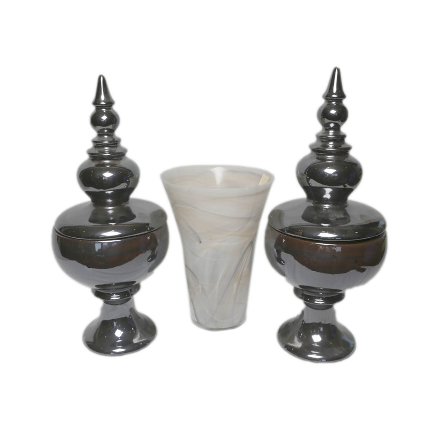 Decorative Ceramic Jars and a Glass Vase