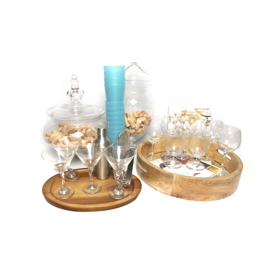 Stemware, Wooden Trays, and Decorative Glass Jars