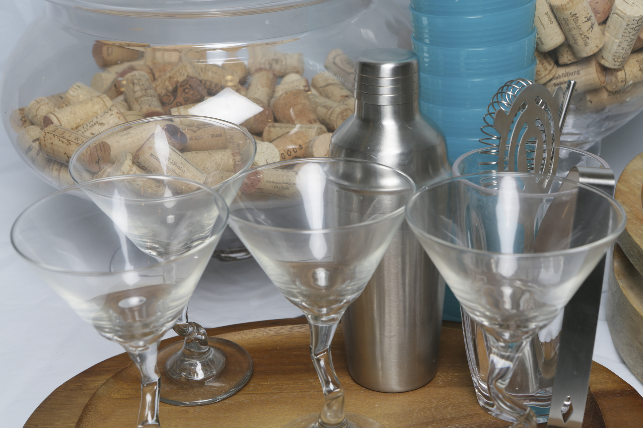 Stemware, Wooden Trays, and Decorative Glass Jars