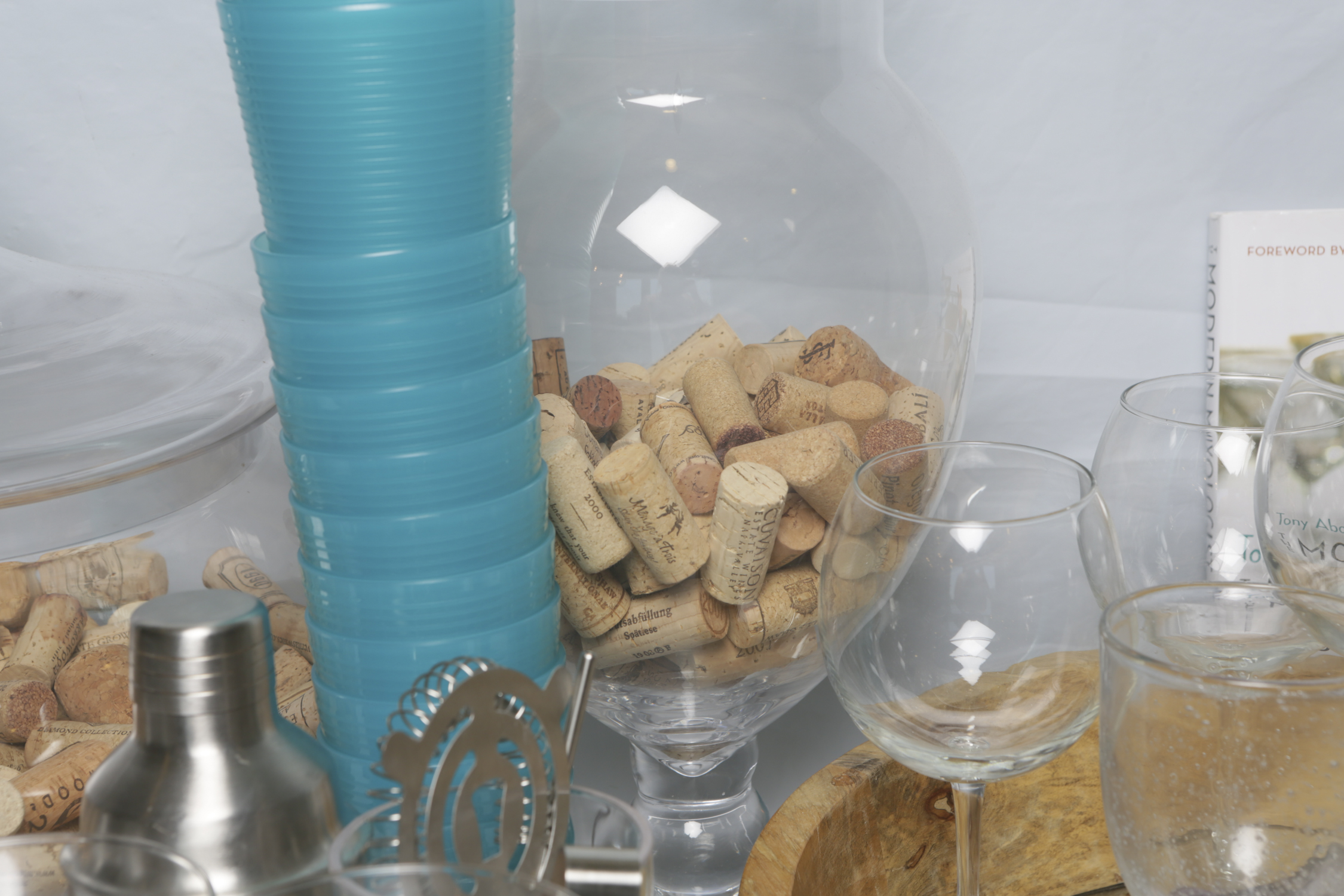 Stemware, Wooden Trays, and Decorative Glass Jars