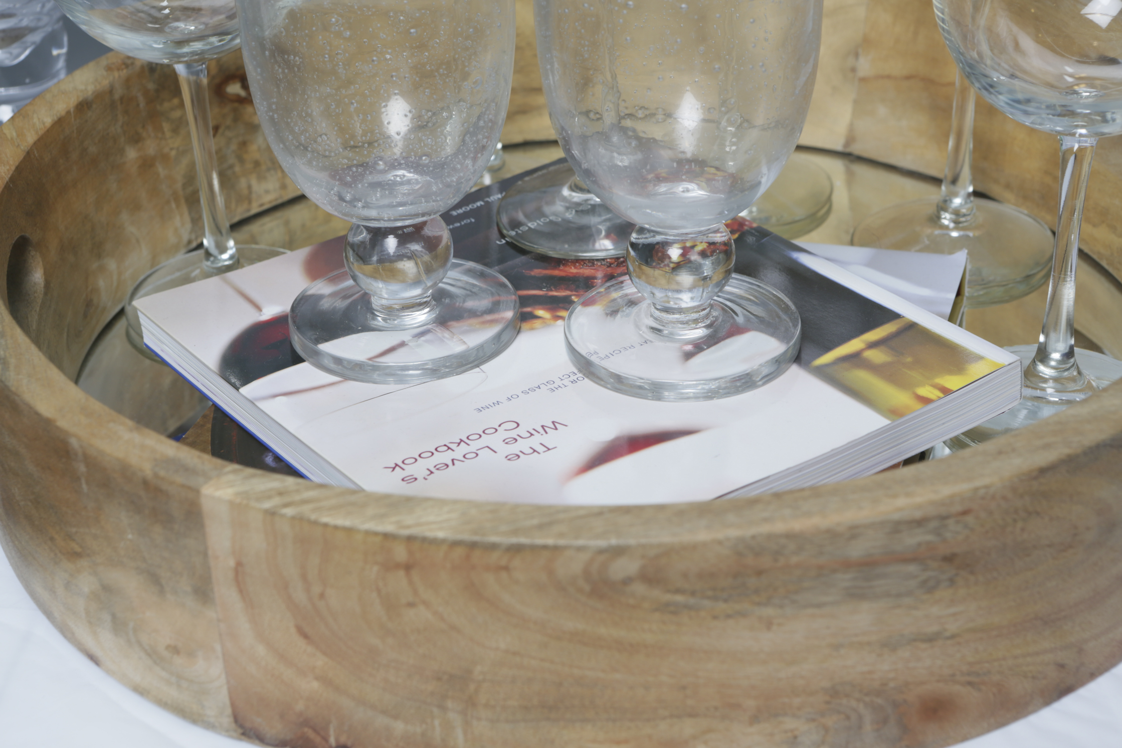 Stemware, Wooden Trays, and Decorative Glass Jars