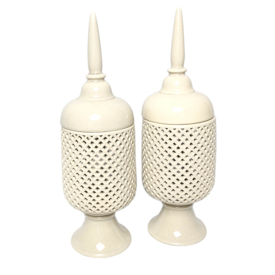 Contemporary Pierced Ceramic Lidded Pedestal Urns