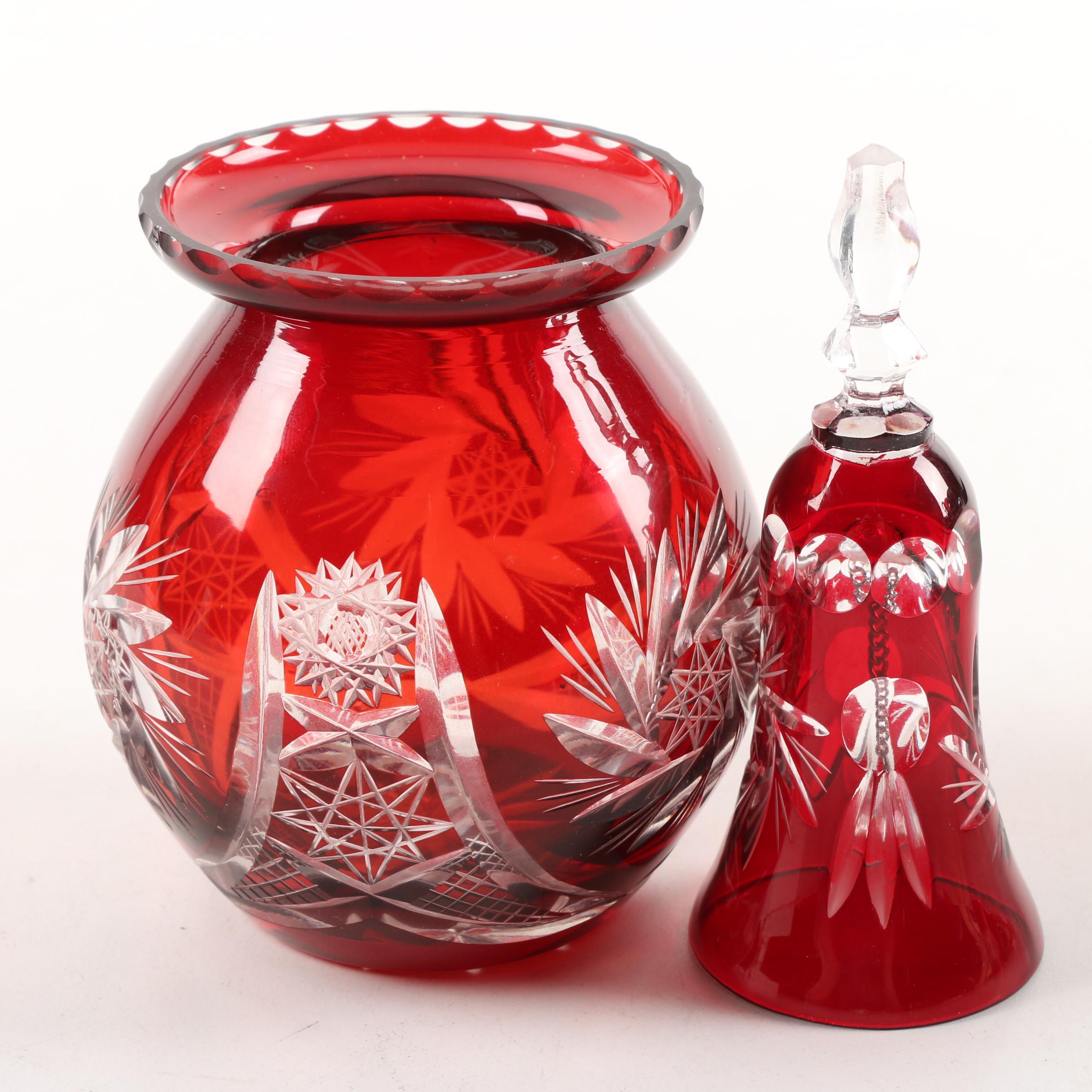 Bohemian Ruby Cased Cut to Clear Crystal Vase and Bell