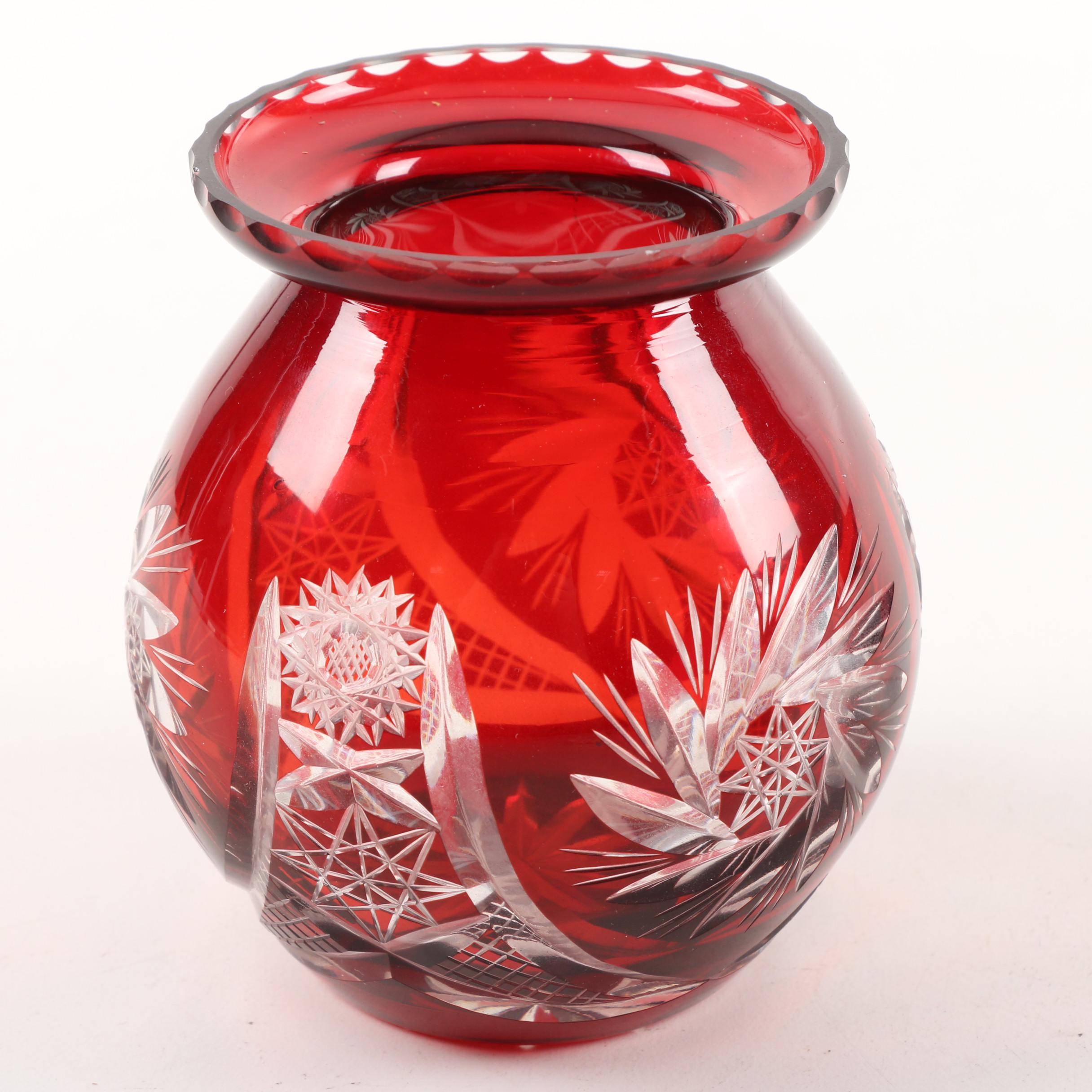 Bohemian Ruby Cased Cut to Clear Crystal Vase and Bell