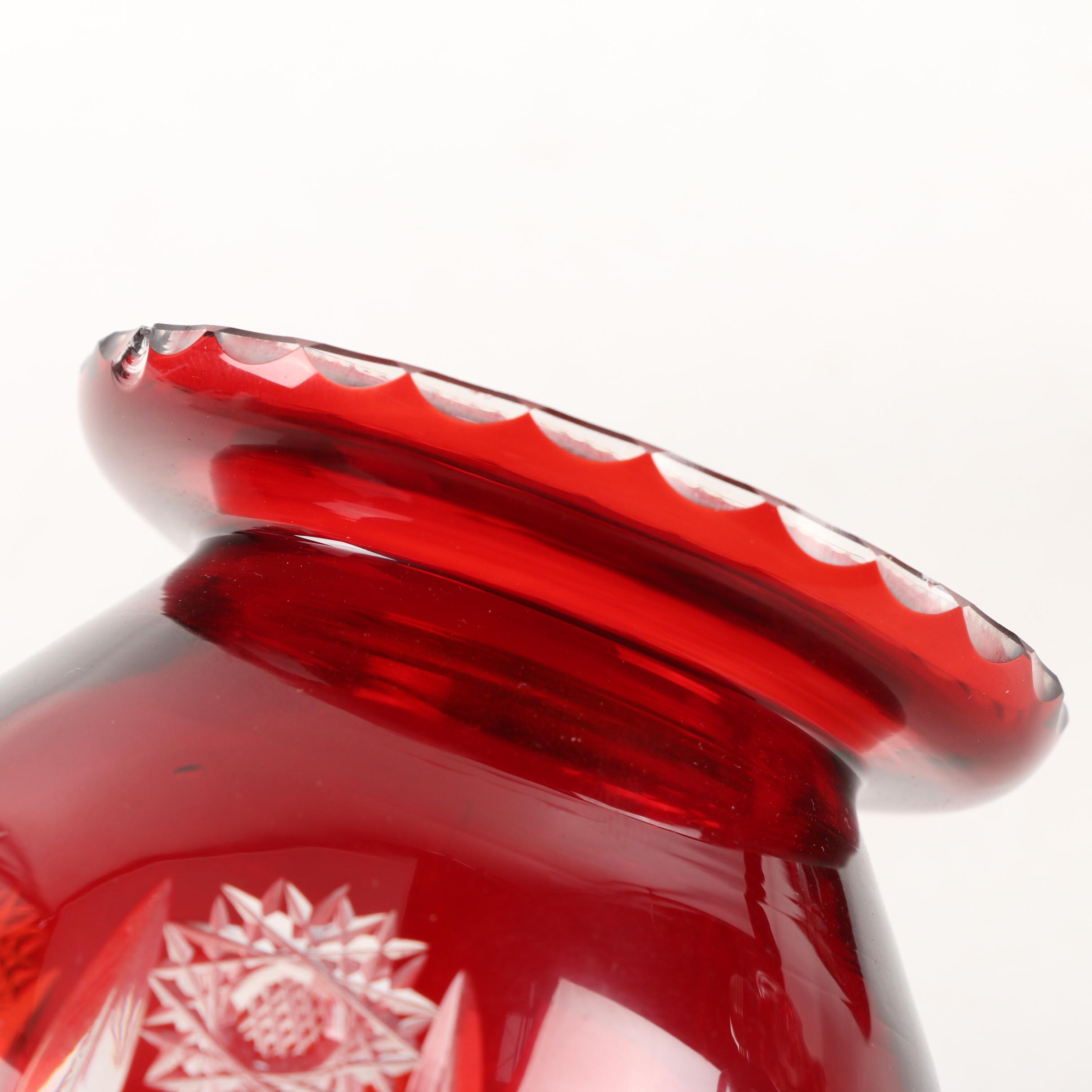 Bohemian Ruby Cased Cut to Clear Crystal Vase and Bell