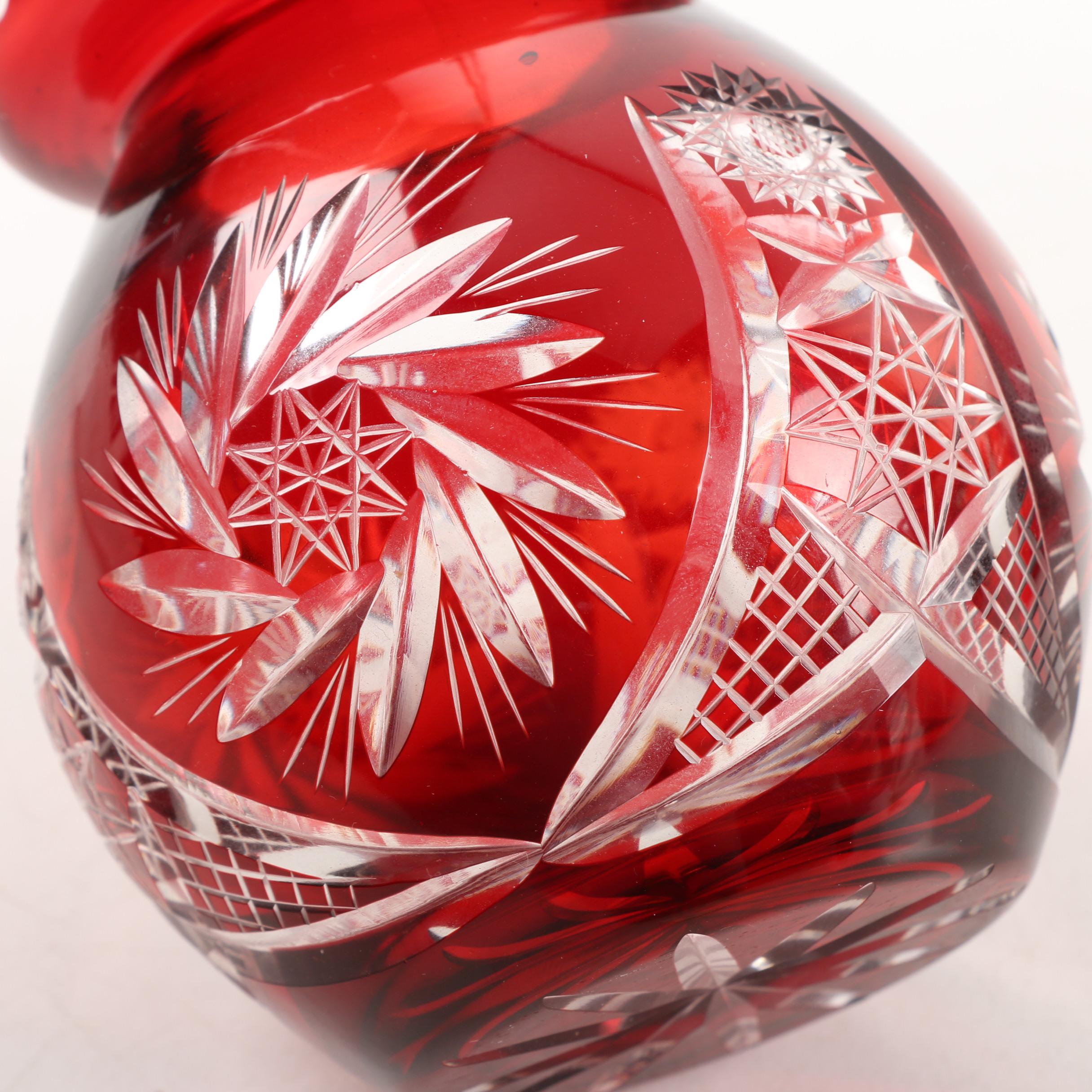 Bohemian Ruby Cased Cut to Clear Crystal Vase and Bell