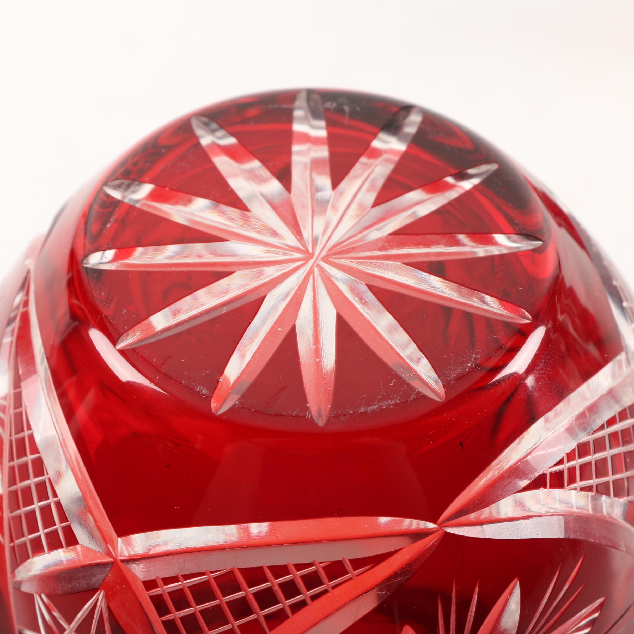 Bohemian Ruby Cased Cut to Clear Crystal Vase and Bell