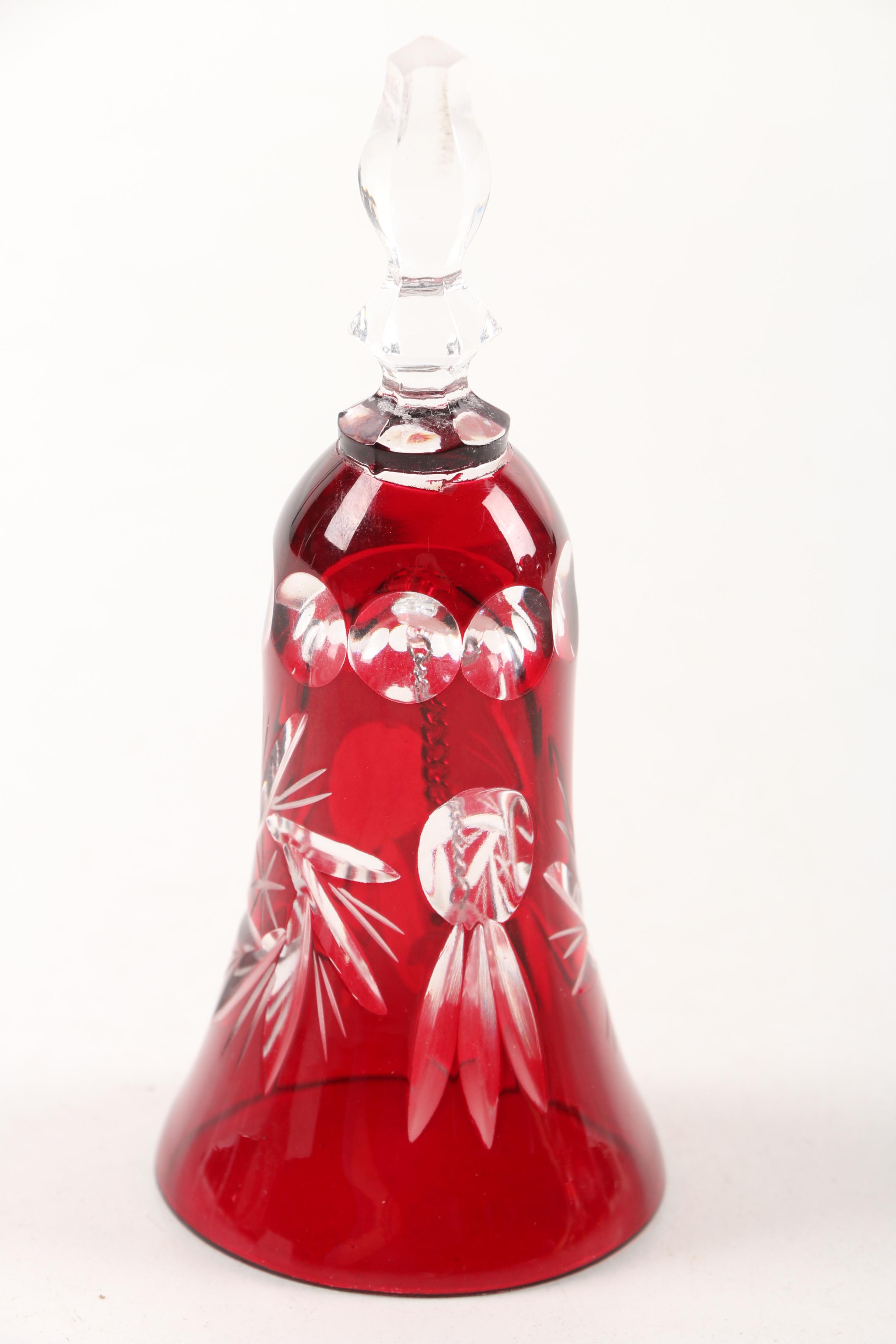 Bohemian Ruby Cased Cut to Clear Crystal Vase and Bell
