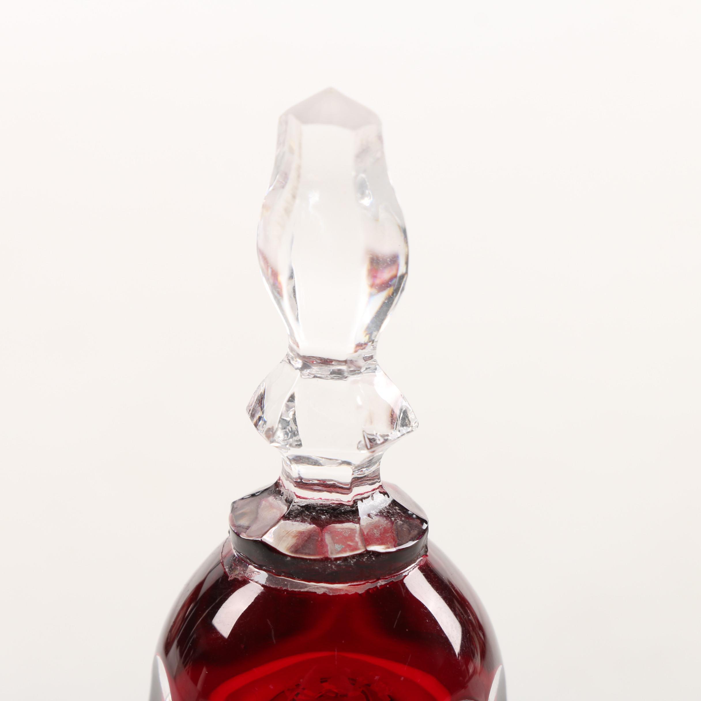 Bohemian Ruby Cased Cut to Clear Crystal Vase and Bell