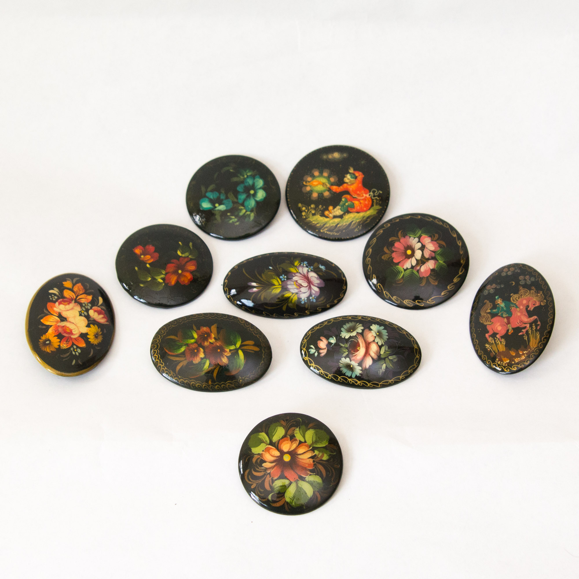 Signed Russian Palekh Hand-Painted Art Brooches