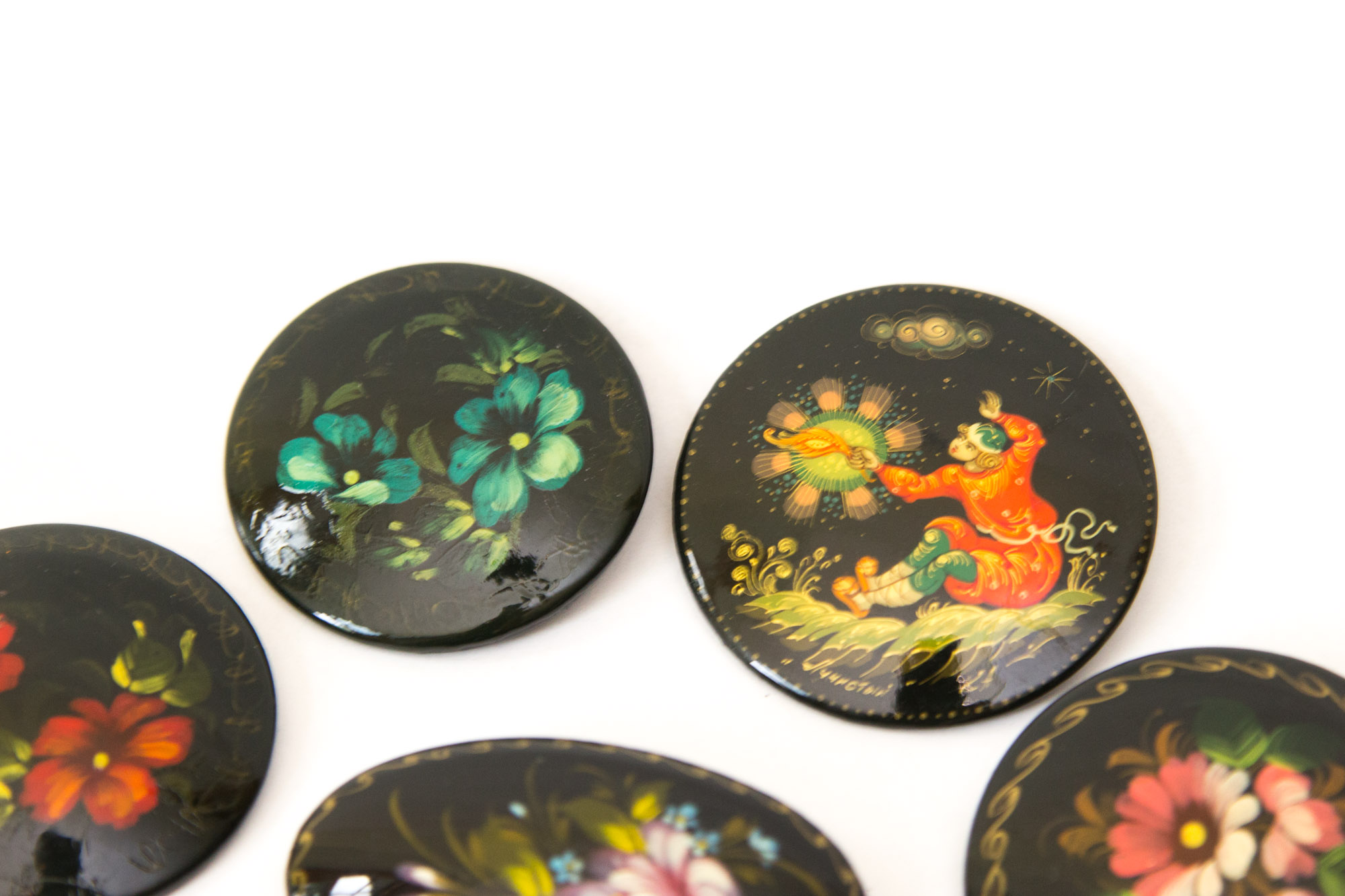 Signed Russian Palekh Hand-Painted Art Brooches