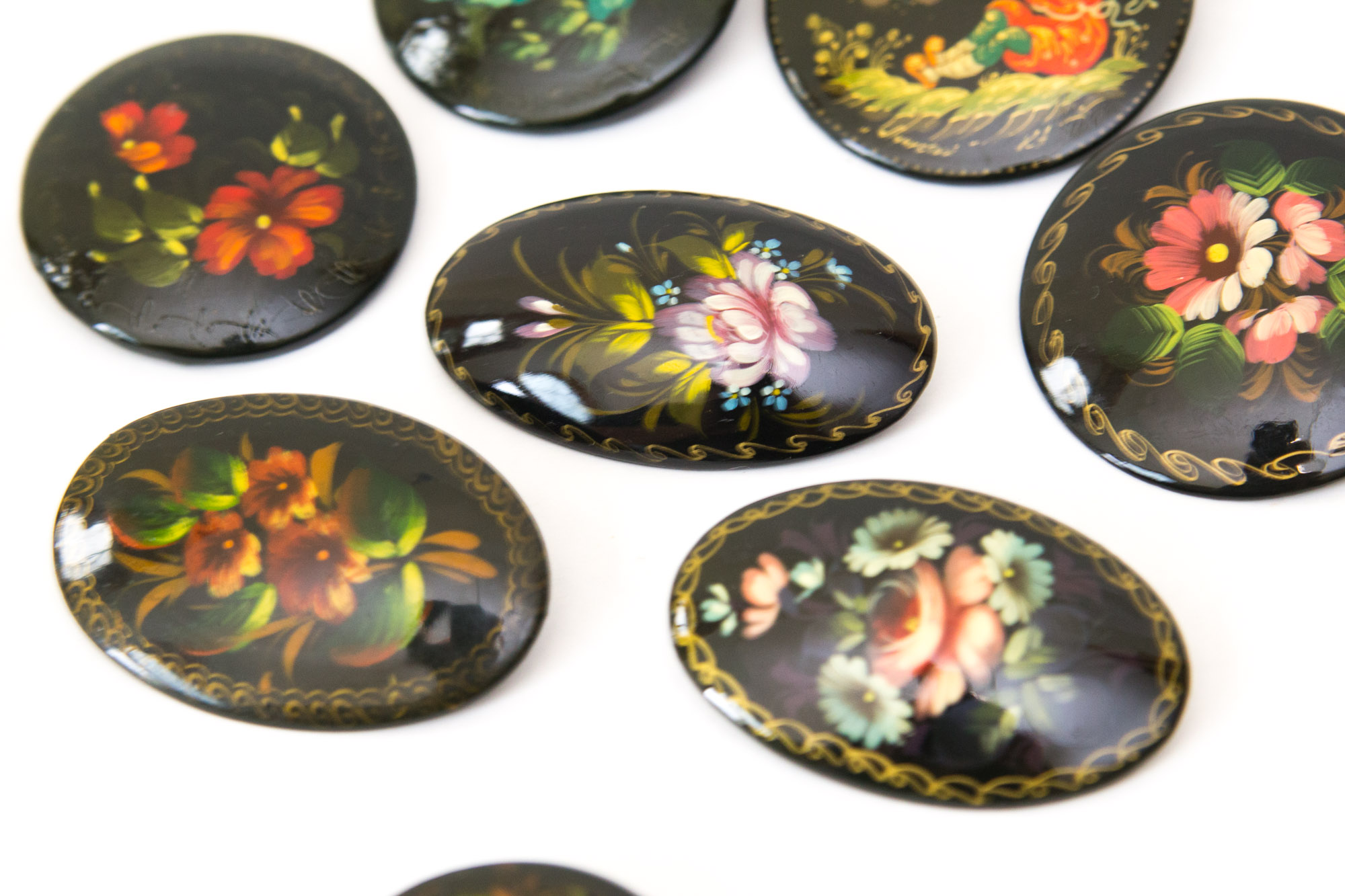 Signed Russian Palekh Hand-Painted Art Brooches