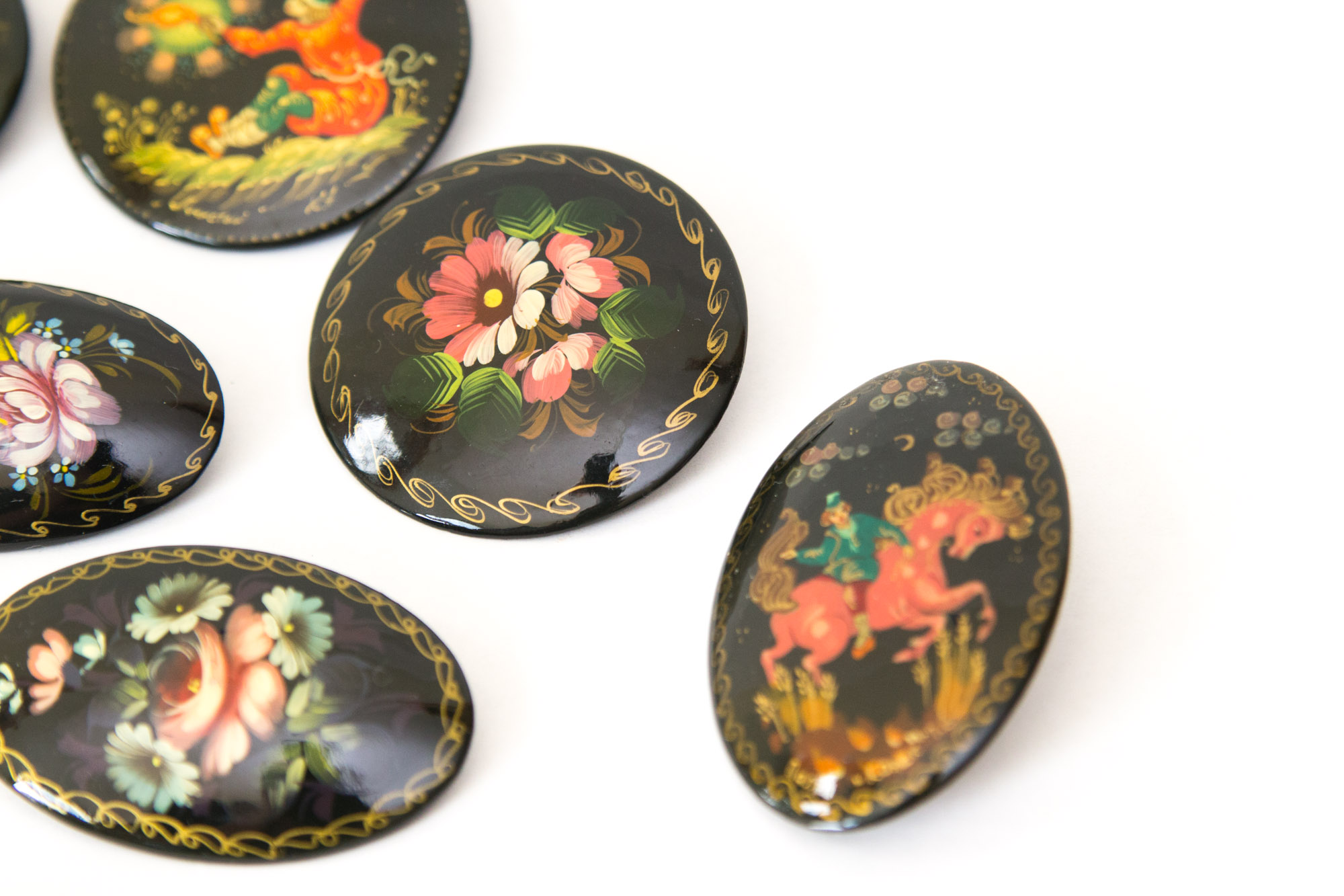 Signed Russian Palekh Hand-Painted Art Brooches