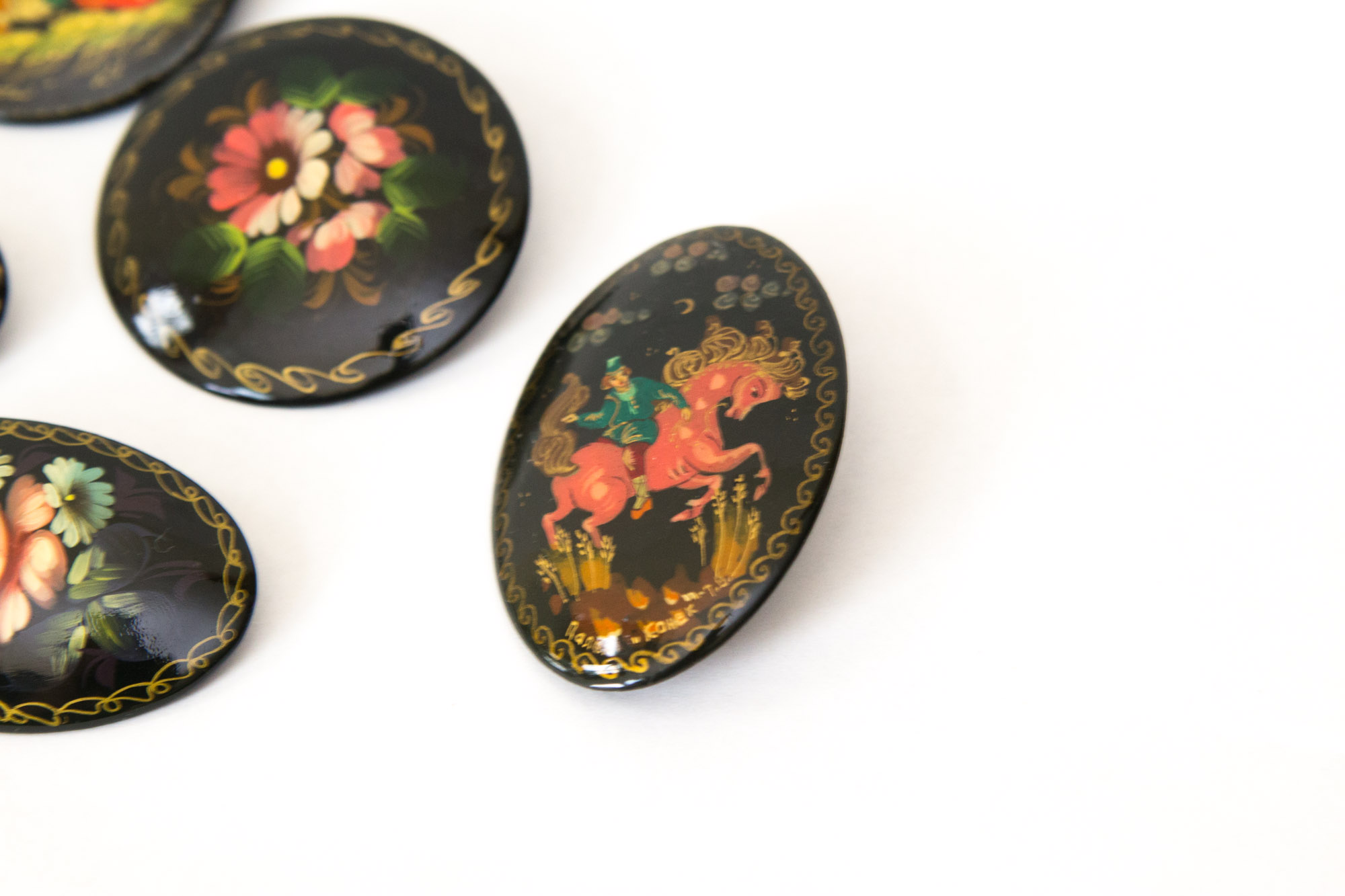 Signed Russian Palekh Hand-Painted Art Brooches