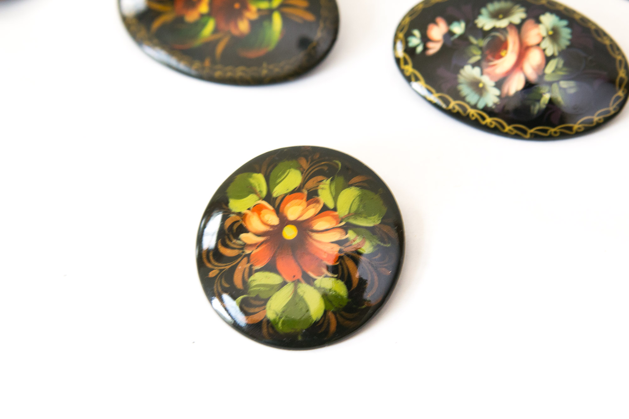 Signed Russian Palekh Hand-Painted Art Brooches