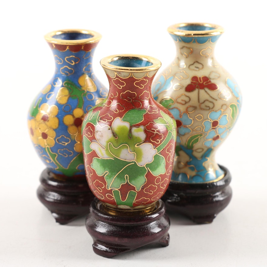 Three Miniature Cloisonne Vases With Carved Wood Stands